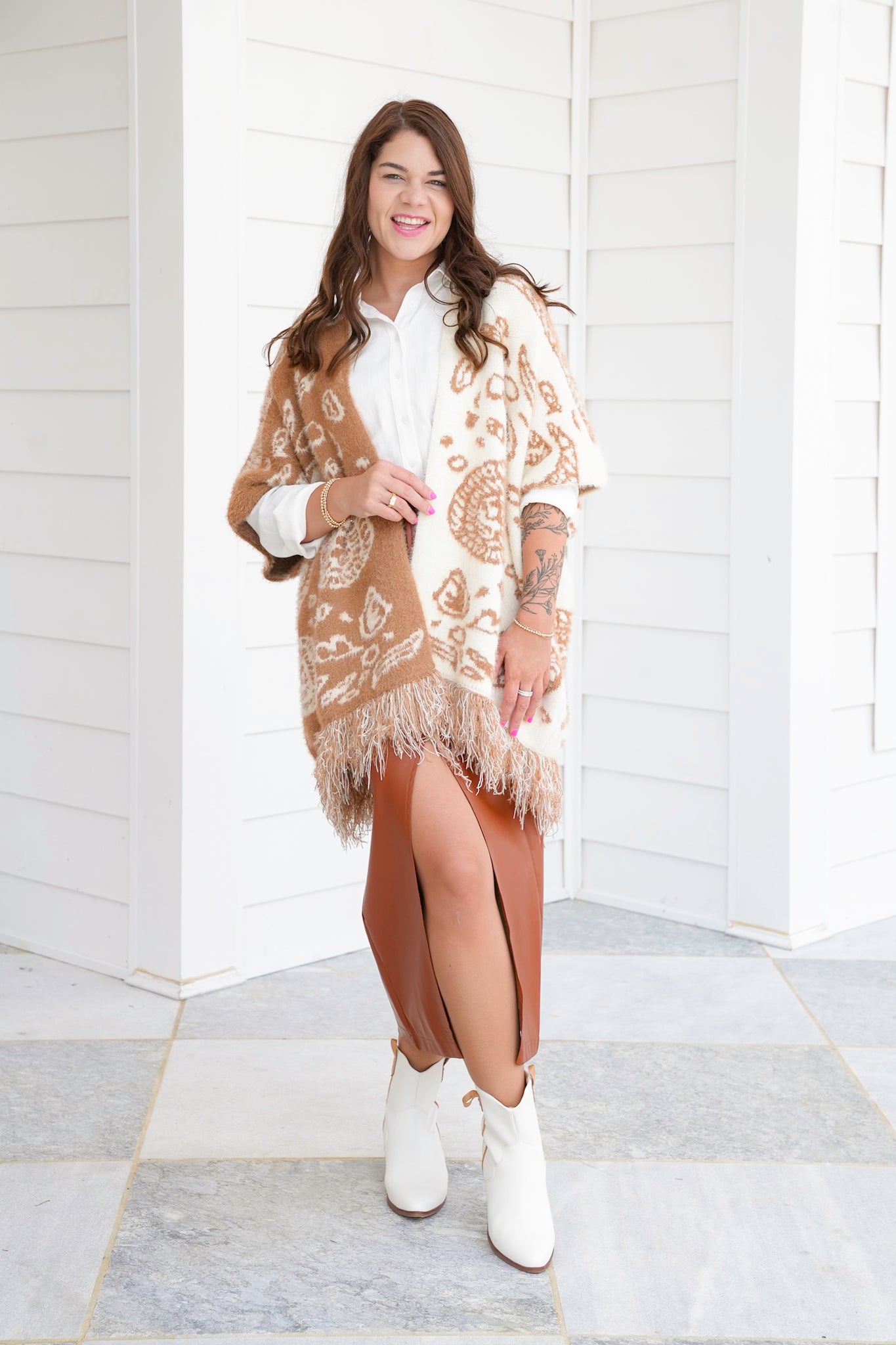 POL Paisley Print Open Front Poncho Cardigan Sweater