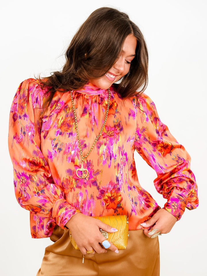 Abstract Print Long Sleeve Mock Neck Top with Bow Tie - Freckled Poppy