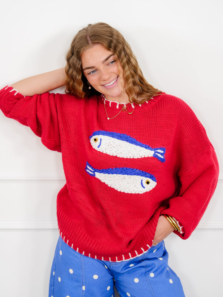Red Long Sleeve Embroidered Fish Pullover Sweater
