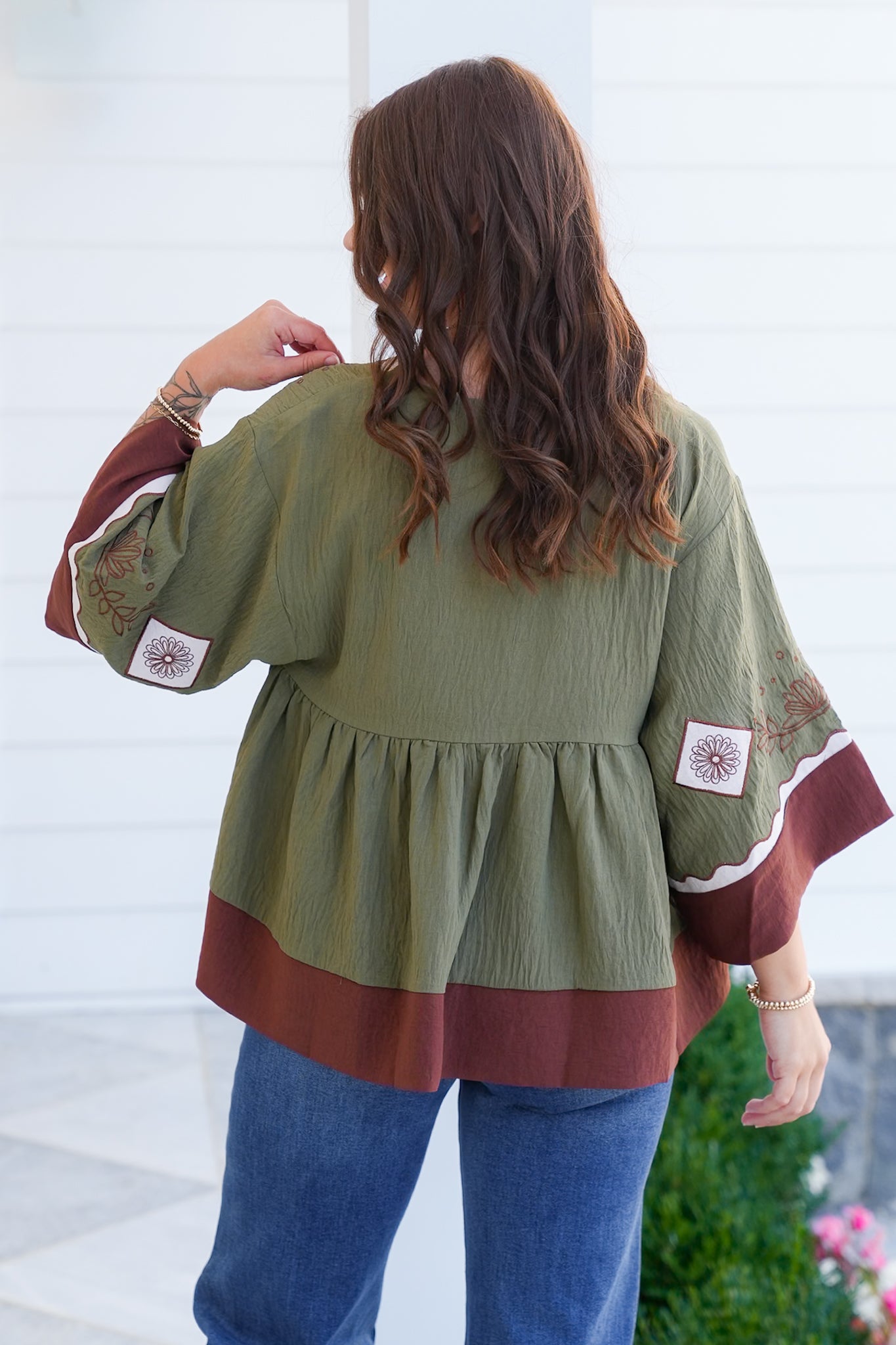 Plus/Reg Color Block 3/4 Sleeve V Neck Peasant Blouse