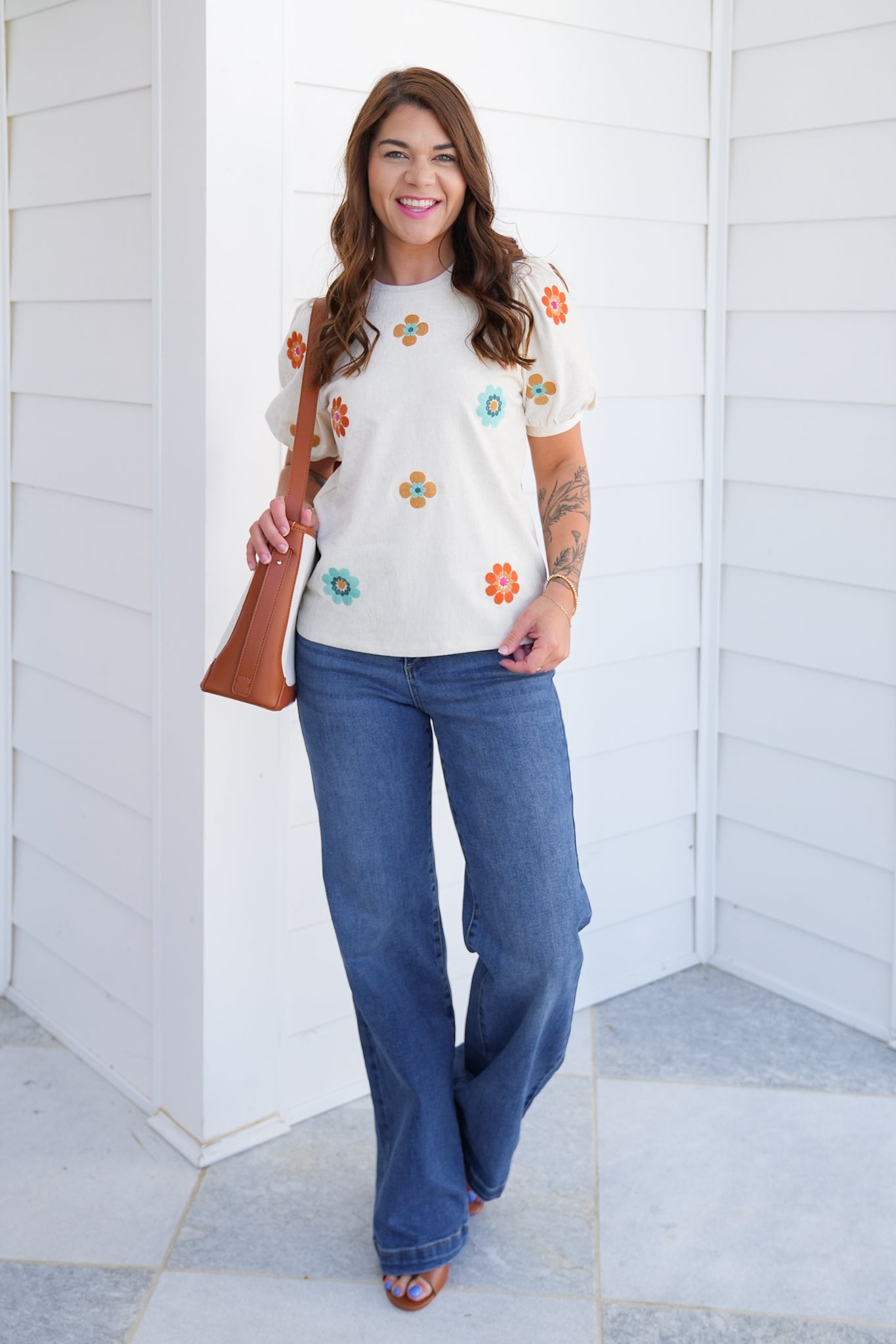 Embroidered Floral Short Sleeve Vegan Suede Top
