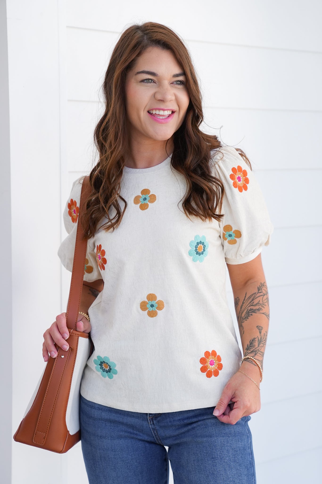 Embroidered Floral Short Sleeve Vegan Suede Top