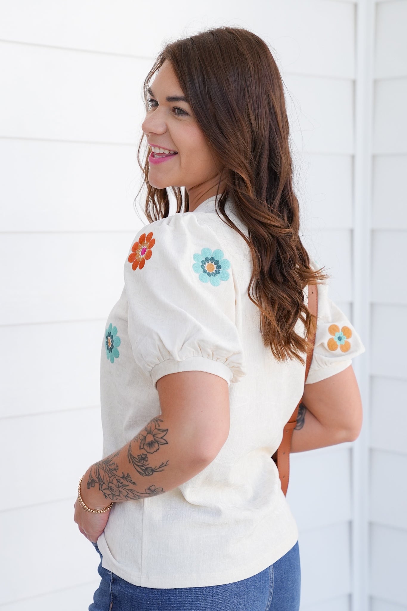 Embroidered Floral Short Sleeve Vegan Suede Top
