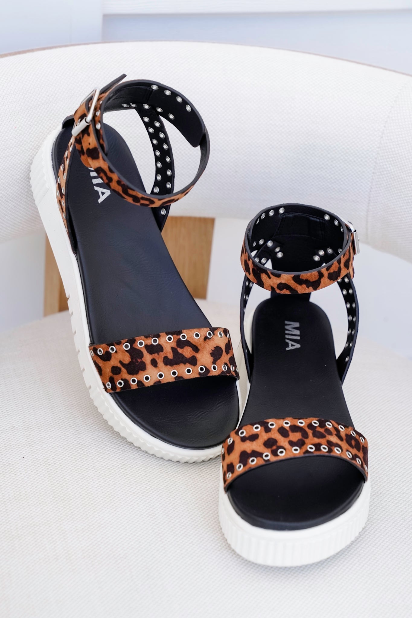 MIA Leopard Platform Sandal with Ankle Strap and Studded Detailing