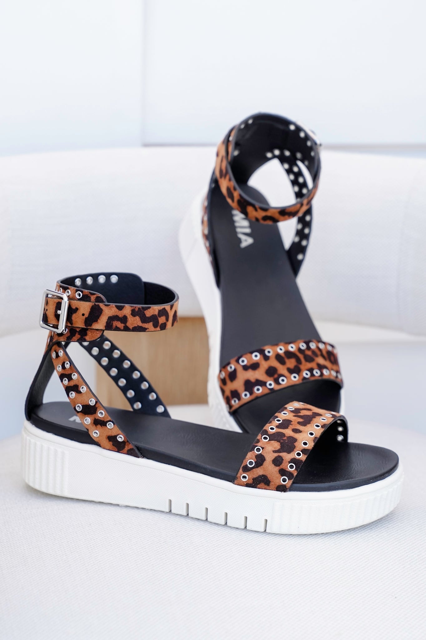 MIA Leopard Platform Sandal with Ankle Strap and Studded Detailing