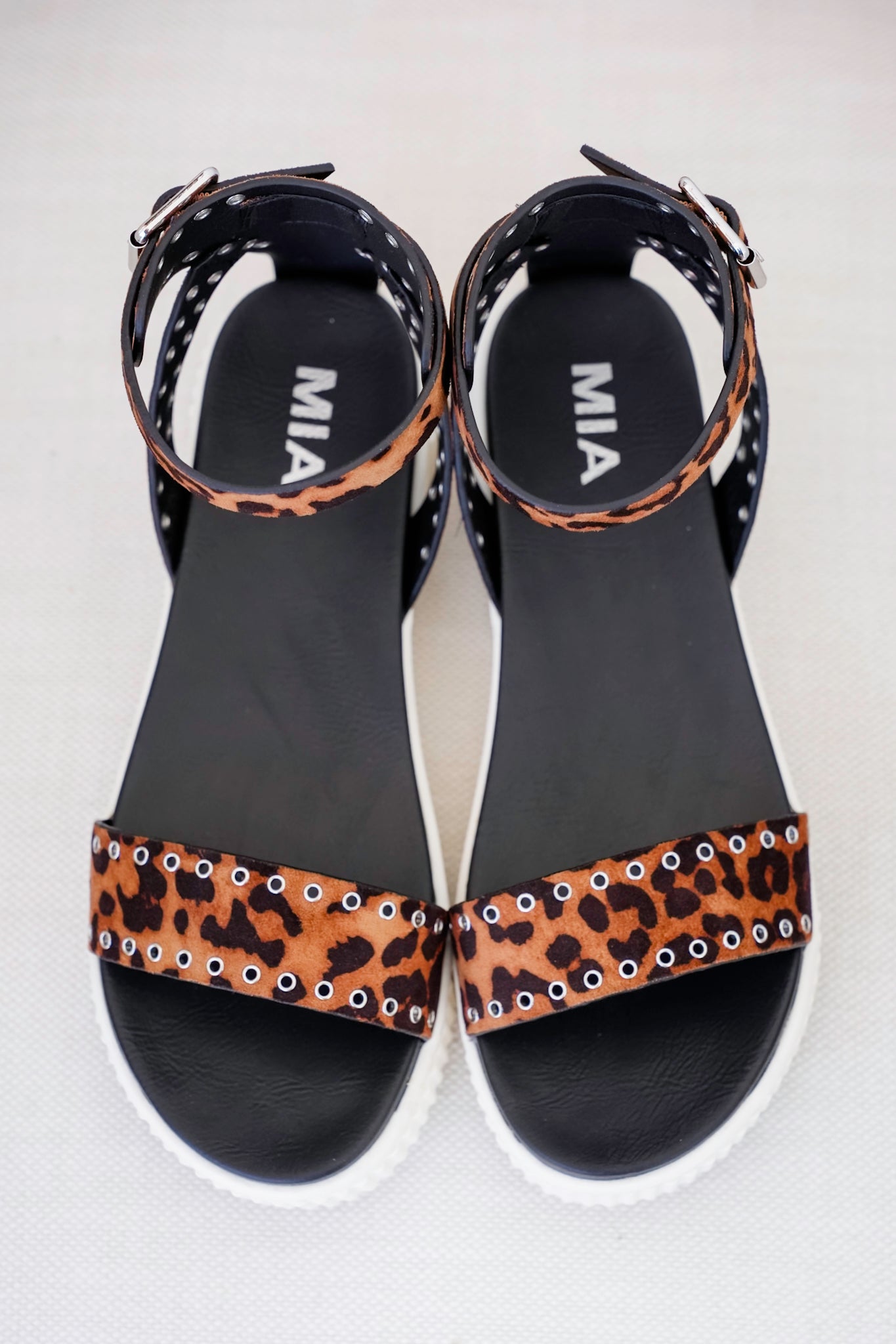 MIA Leopard Platform Sandal with Ankle Strap and Studded Detailing