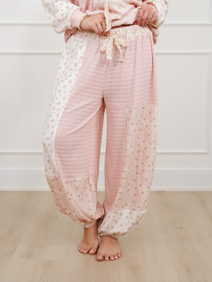 POL Textured Floral Patchwork Elastic Waist Jogger Pants