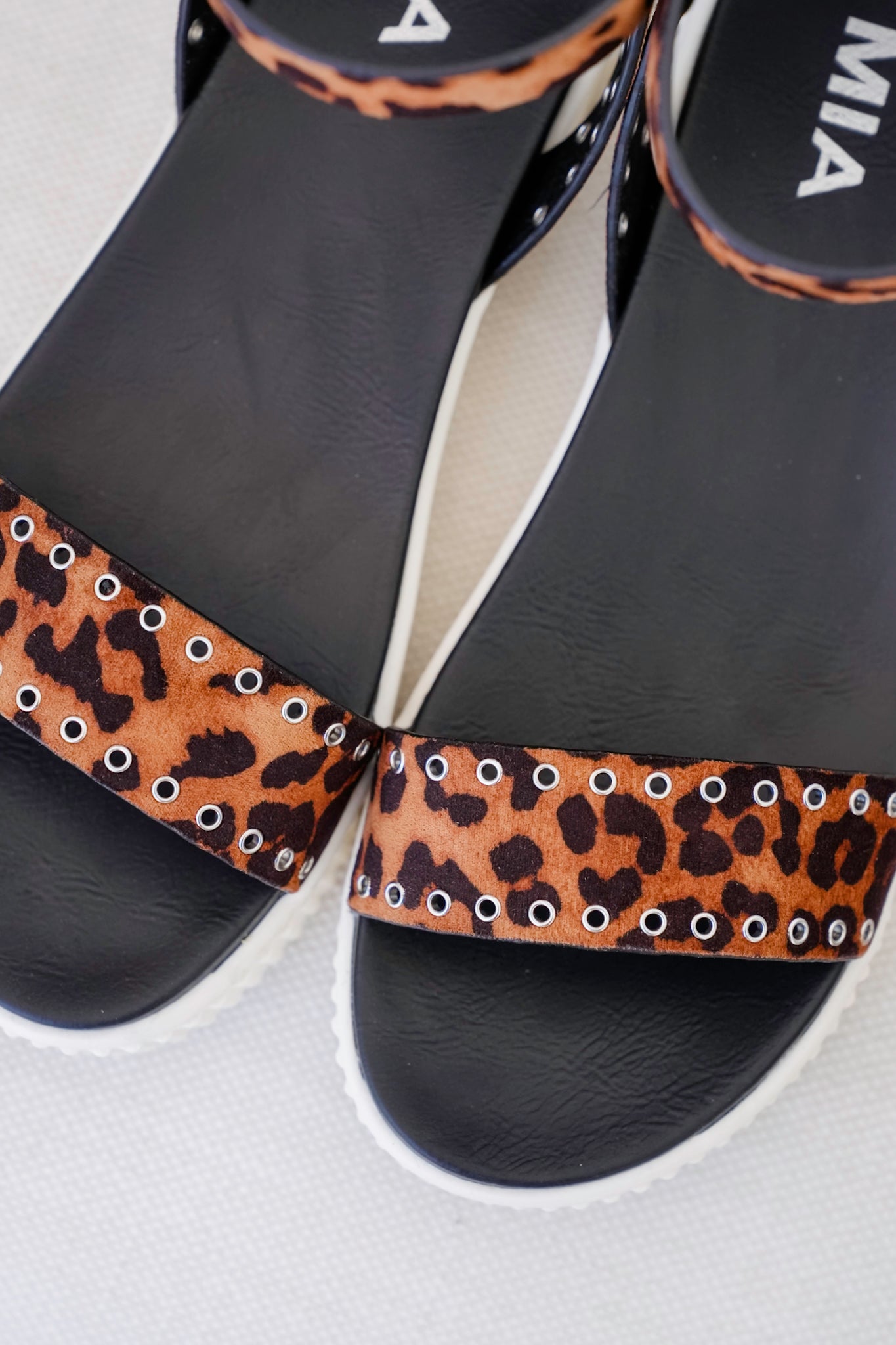 MIA Leopard Platform Sandal with Ankle Strap and Studded Detailing