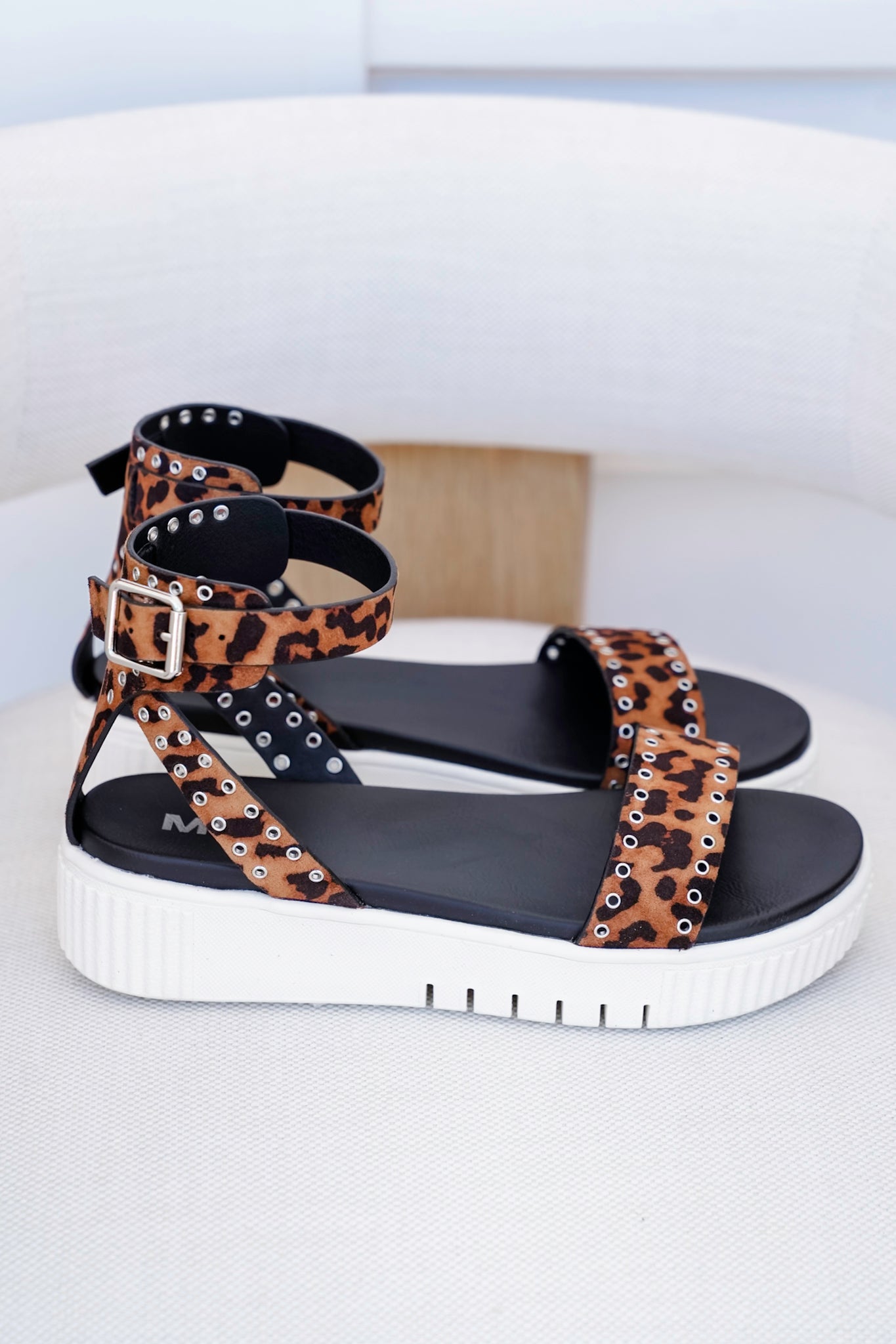 MIA Leopard Platform Sandal with Ankle Strap and Studded Detailing