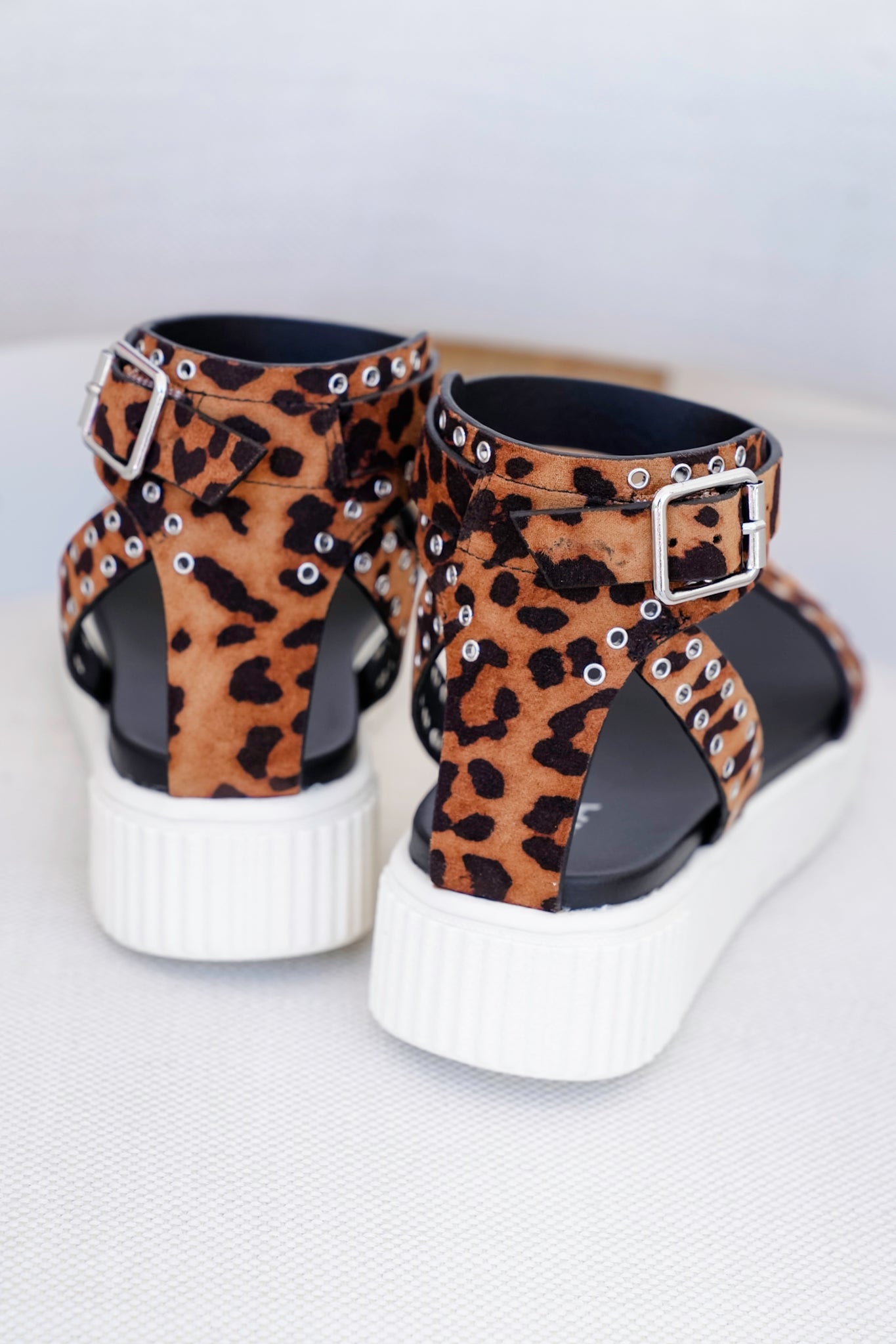 MIA Leopard Platform Sandal with Ankle Strap and Studded Detailing