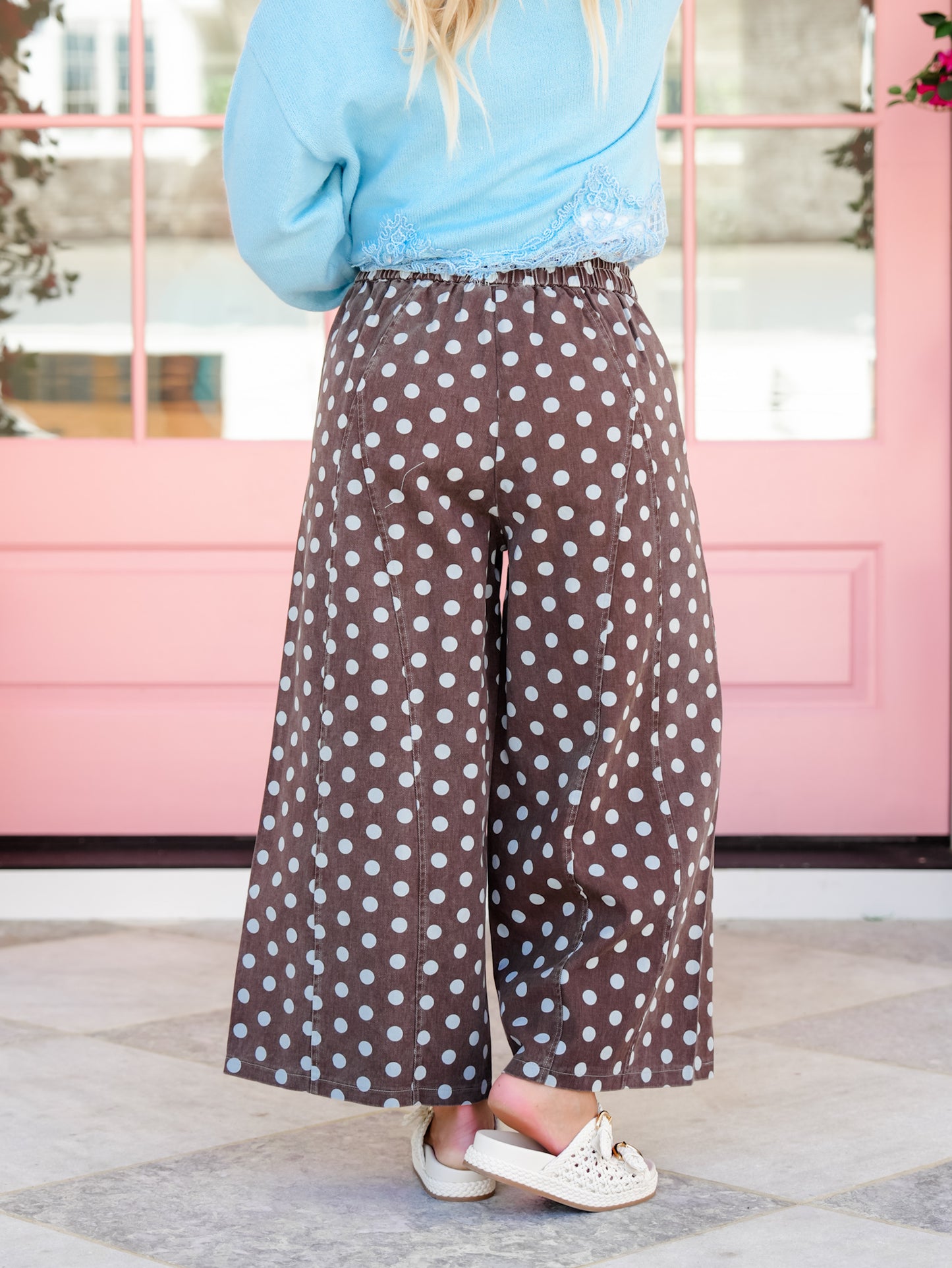 Polka Dot Elastic Waist Wide Leg Cropped Pants
