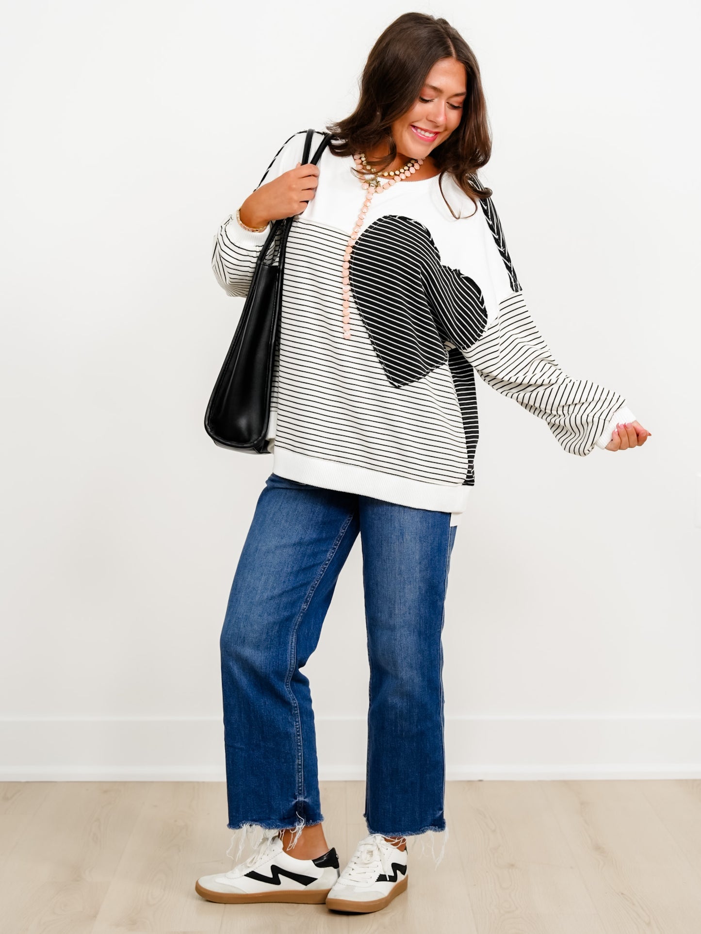 Stripe Long Sleeve Pullover Top with Heart Patch