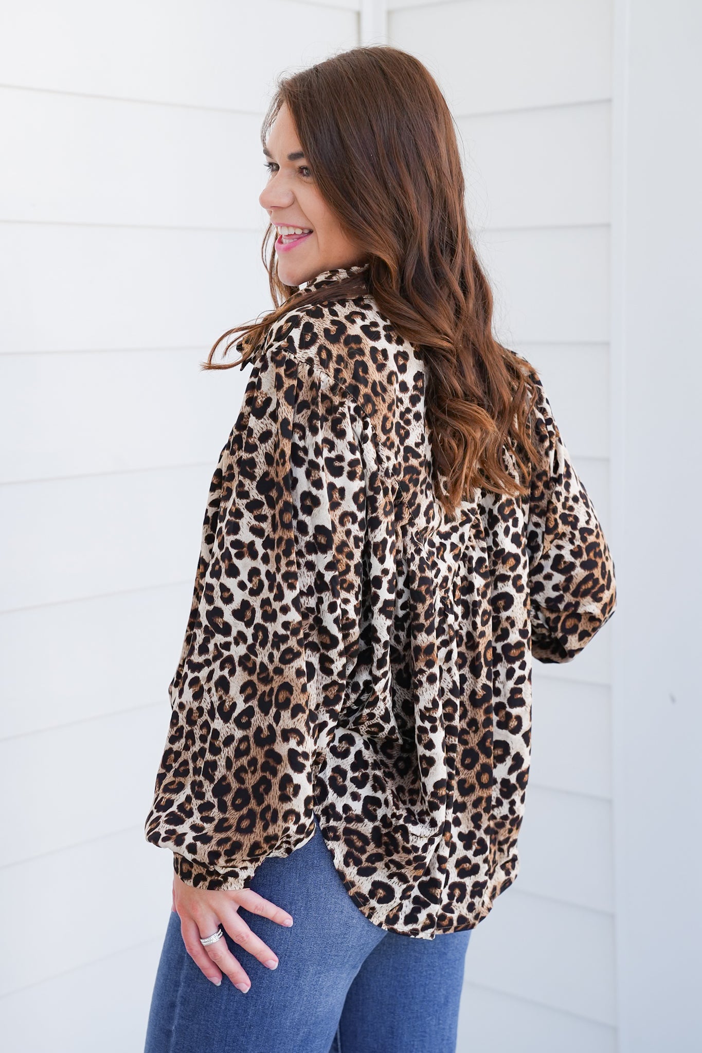 Plus/Reg Leopard Long Sleeve Button Down Top