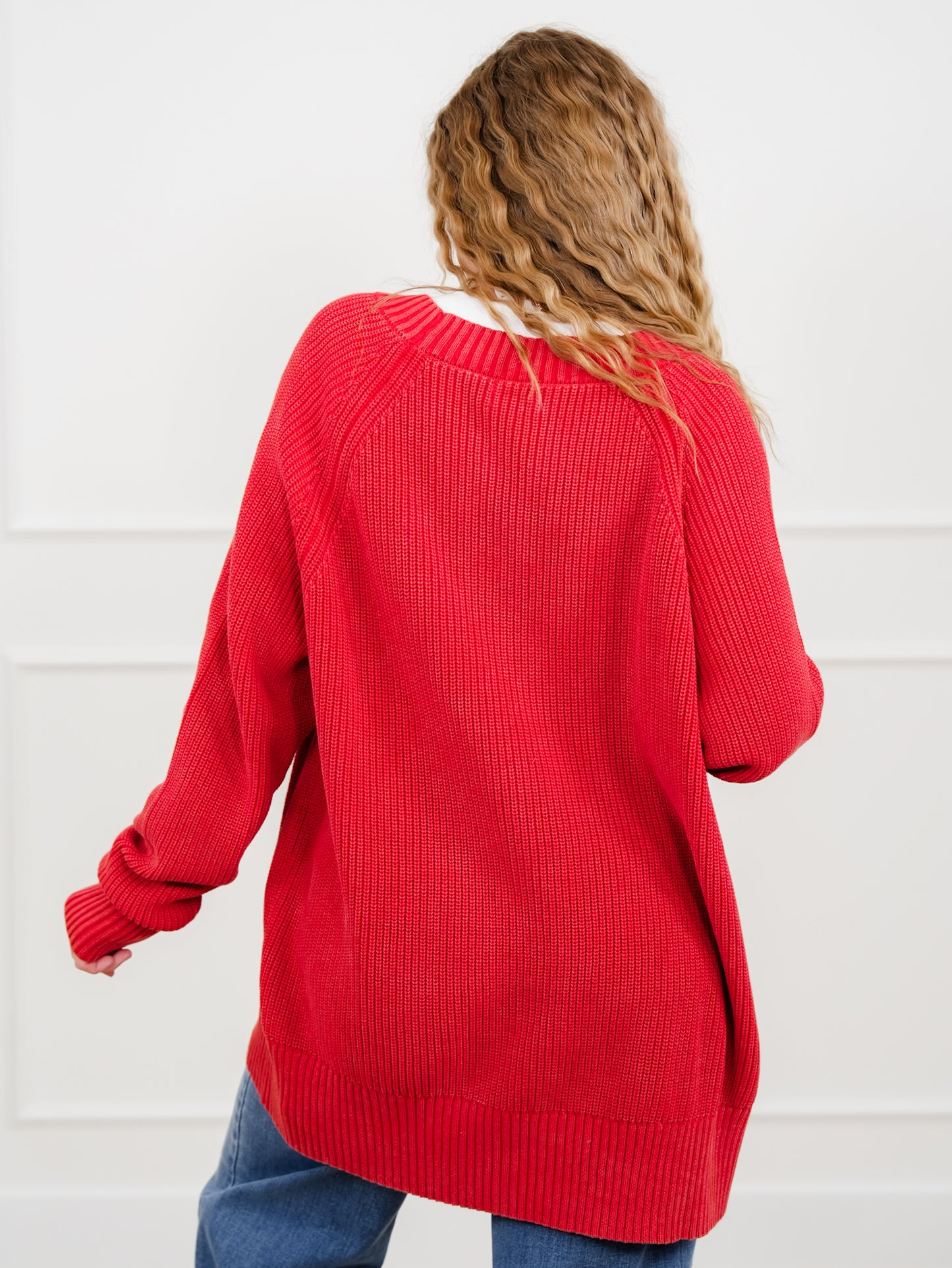 Plus/Reg Washed Red Long Sleeve Button Down Cardigan with Pockets