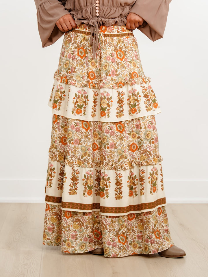 Floral Print Elastic Waist Ruffle Tiered Midi Skirt - Freckled Poppy