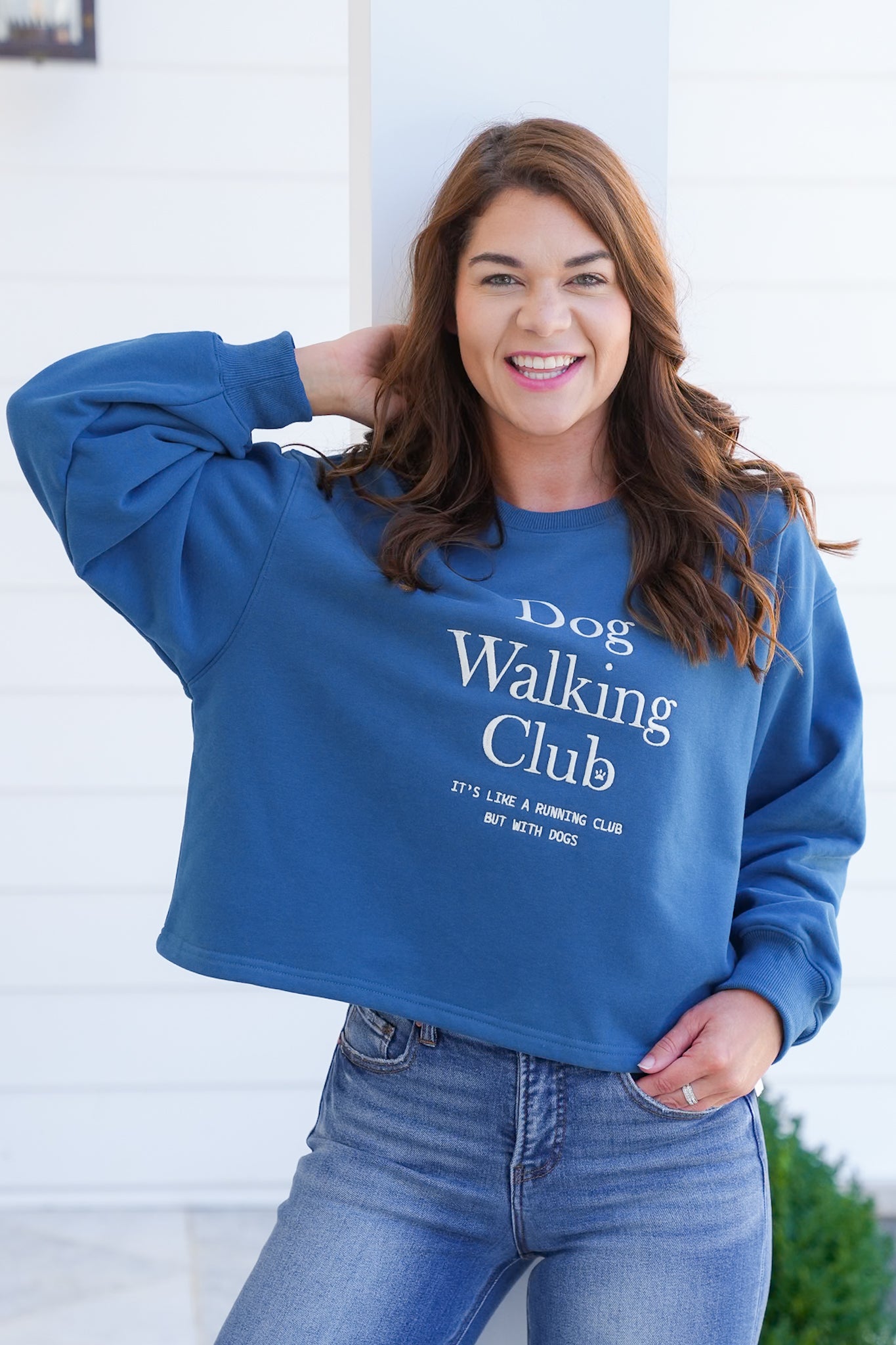 Long Sleeve Embroidered " Dog Walking Club" Pullover Sweatshirt