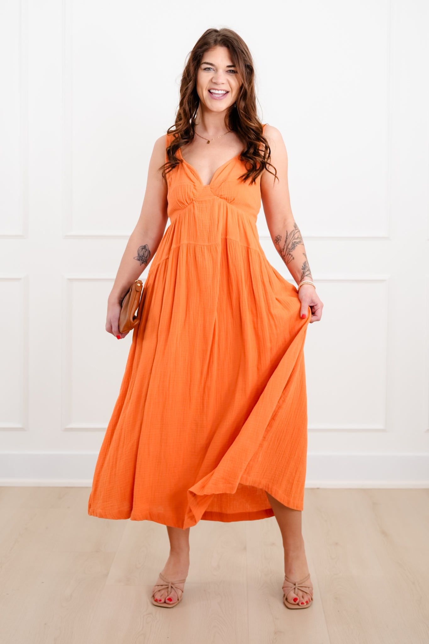 Orange Gauze Sleeveless V Neck Maxi Dress – Freckled Poppy