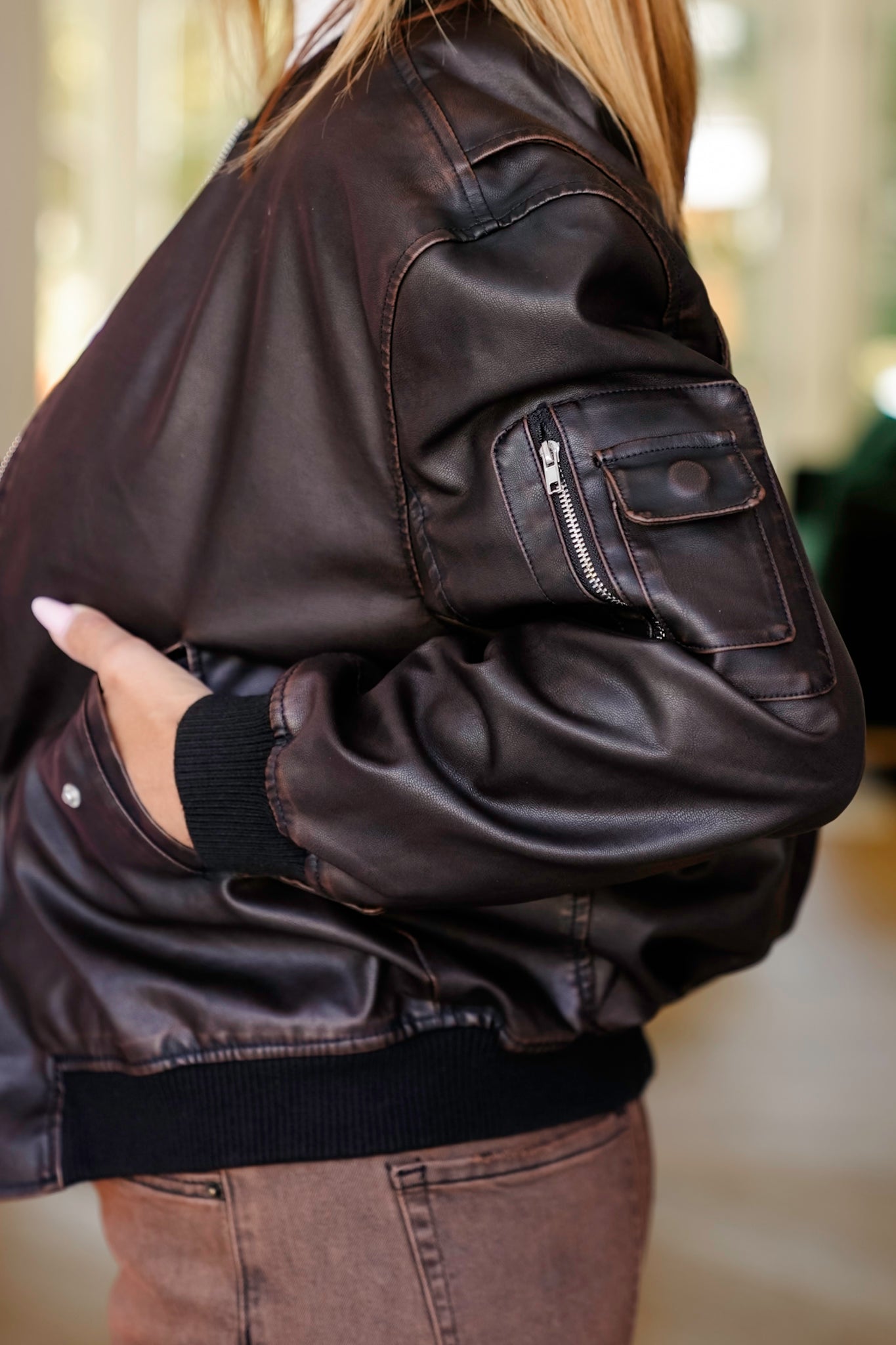 Plus/Reg Vegan Leather Long Sleeve Bomber Jacket