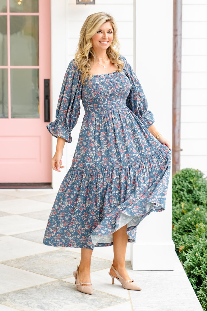 Floral Print Puff Sleeve Square Neck Tiered Midi Dress