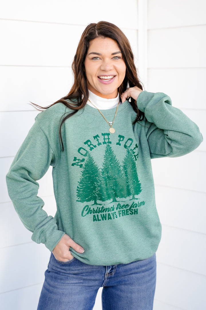 Plus/Reg Long Sleeve "North Pole Christmas Tree Farm" Graphic Sweatshirt