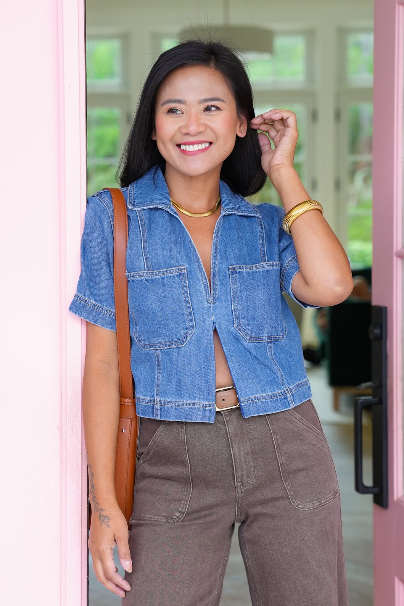 Risen Medium Wash Short Sleeve V Neck Top with Chest Pockets