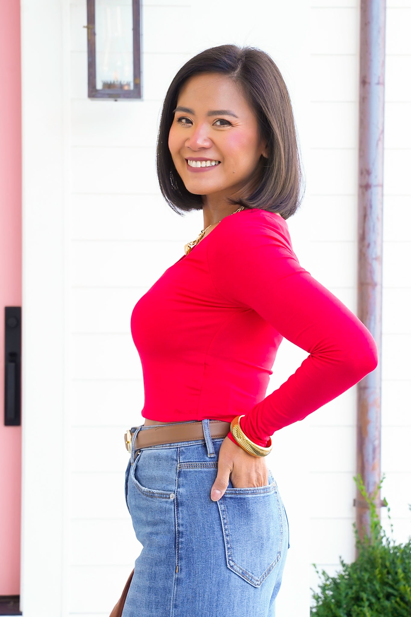 Solid Long Sleeve Scoop Neck Crop Top