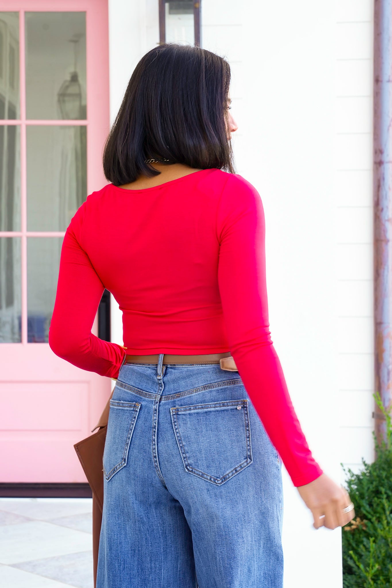 Solid Long Sleeve Scoop Neck Crop Top
