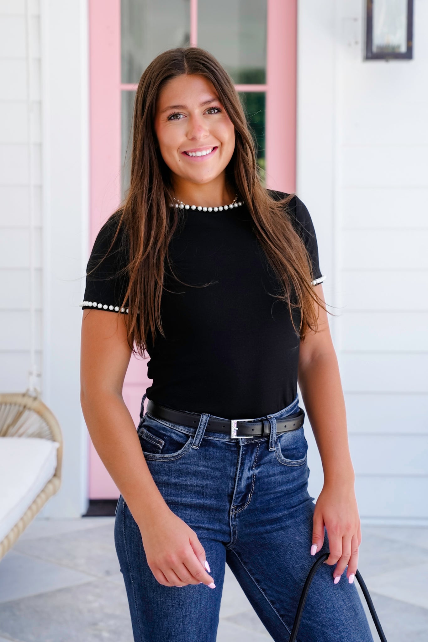 Plus/Reg Short Sleeve Knit Top with Pearl Detail