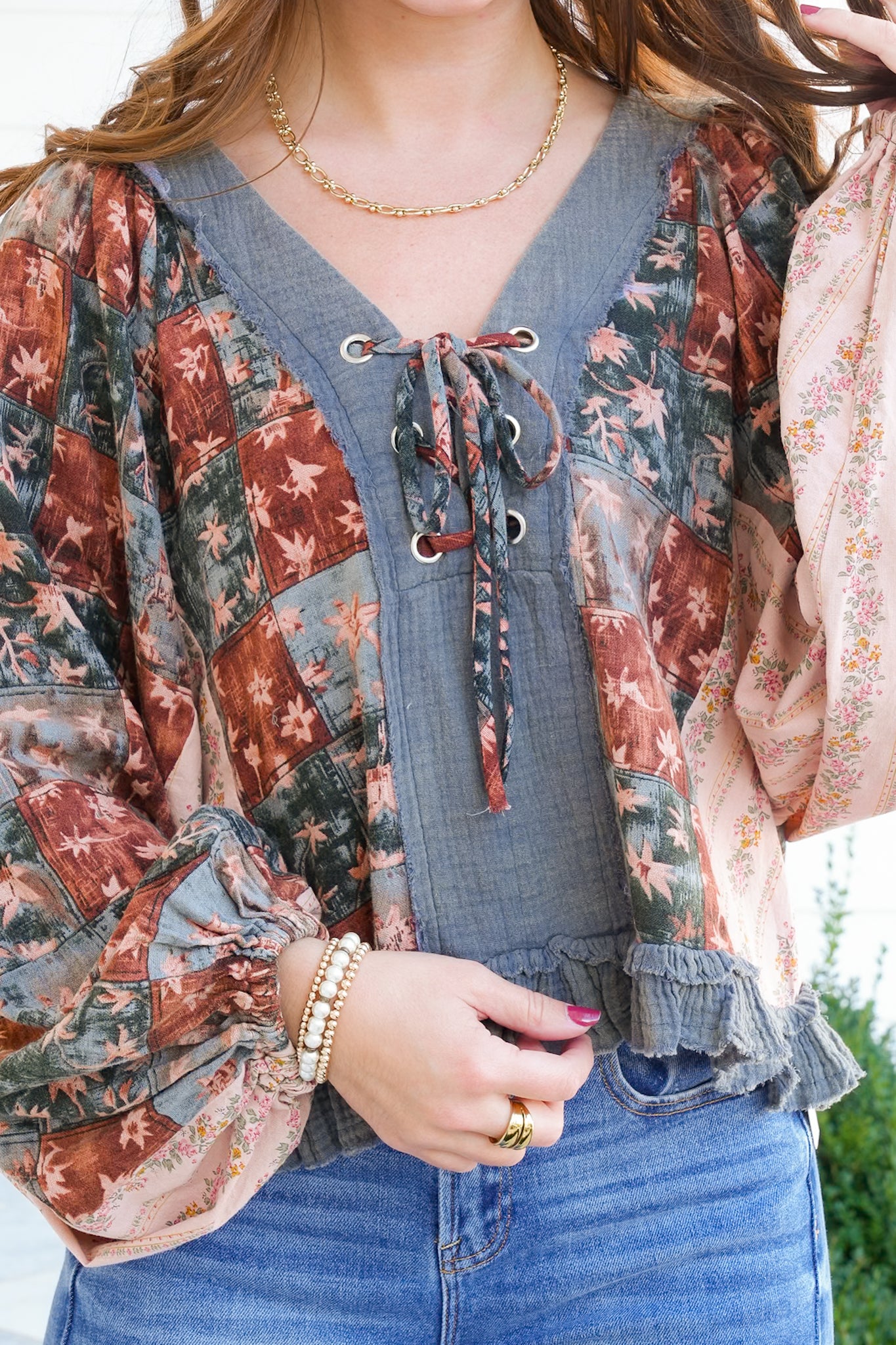 POL Floral Pattern Long Sleeve V Neck Top