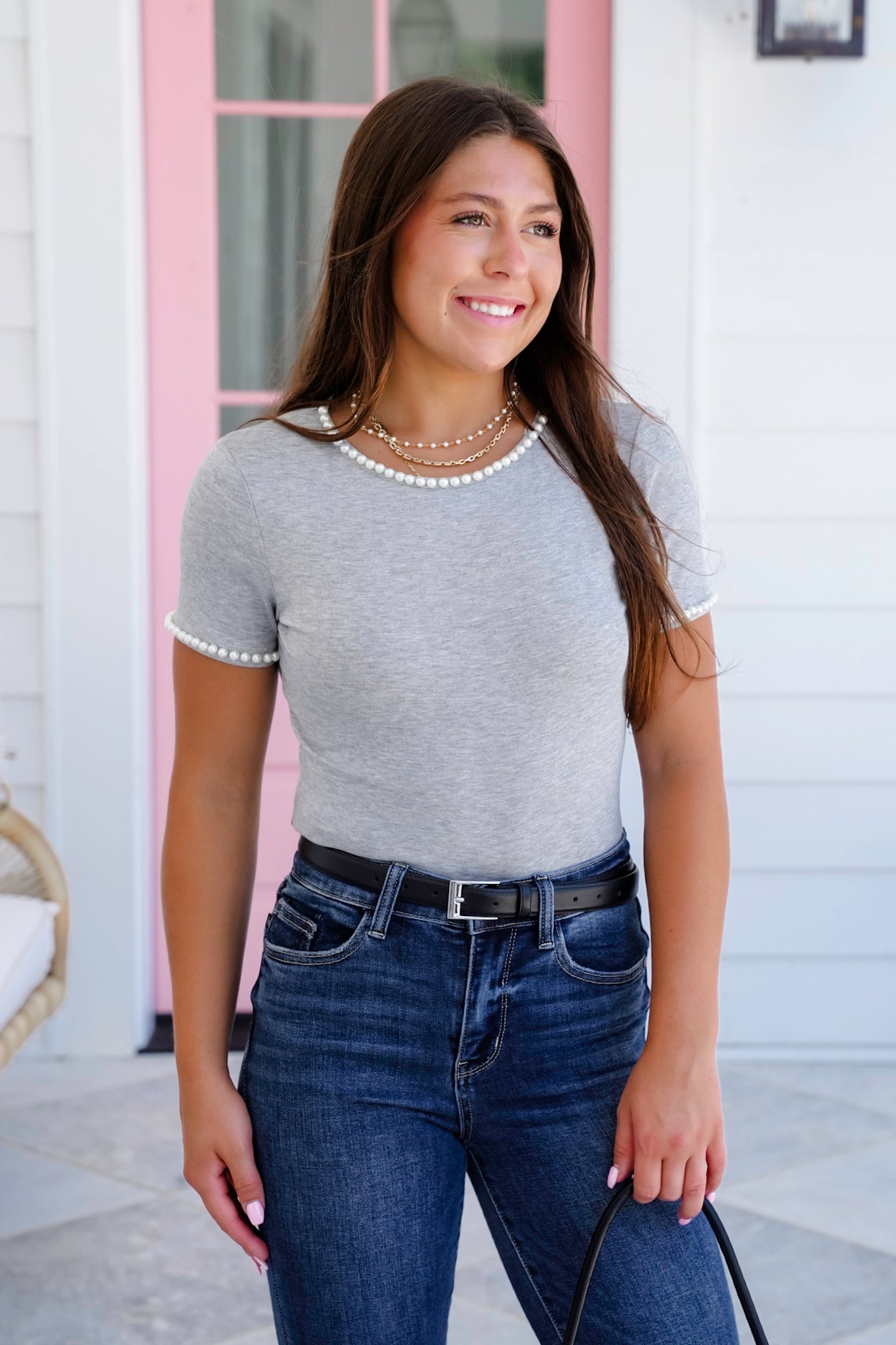 Plus/Reg Short Sleeve Knit Top with Pearl Detail