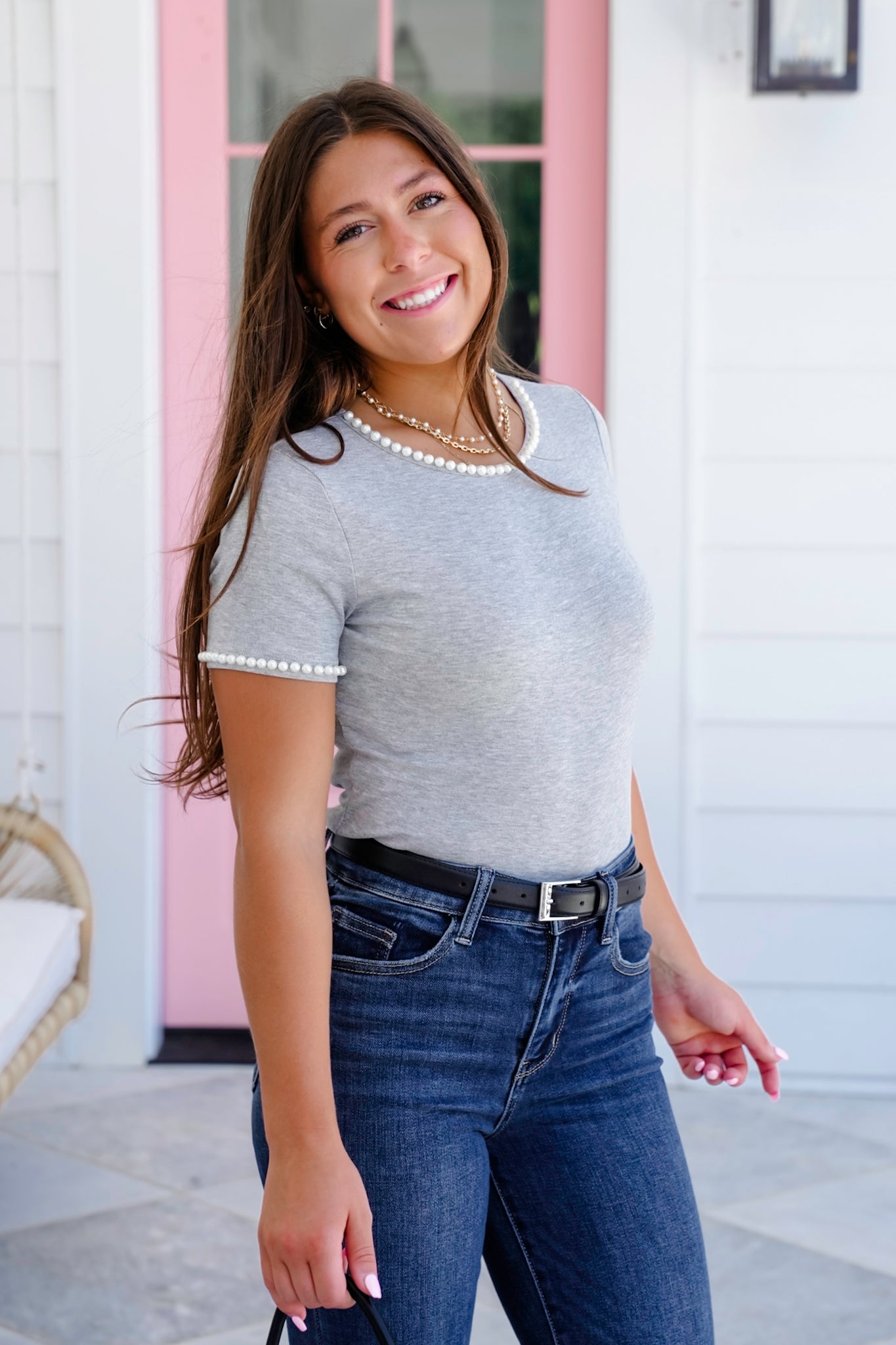 Plus/Reg Short Sleeve Knit Top with Pearl Detail
