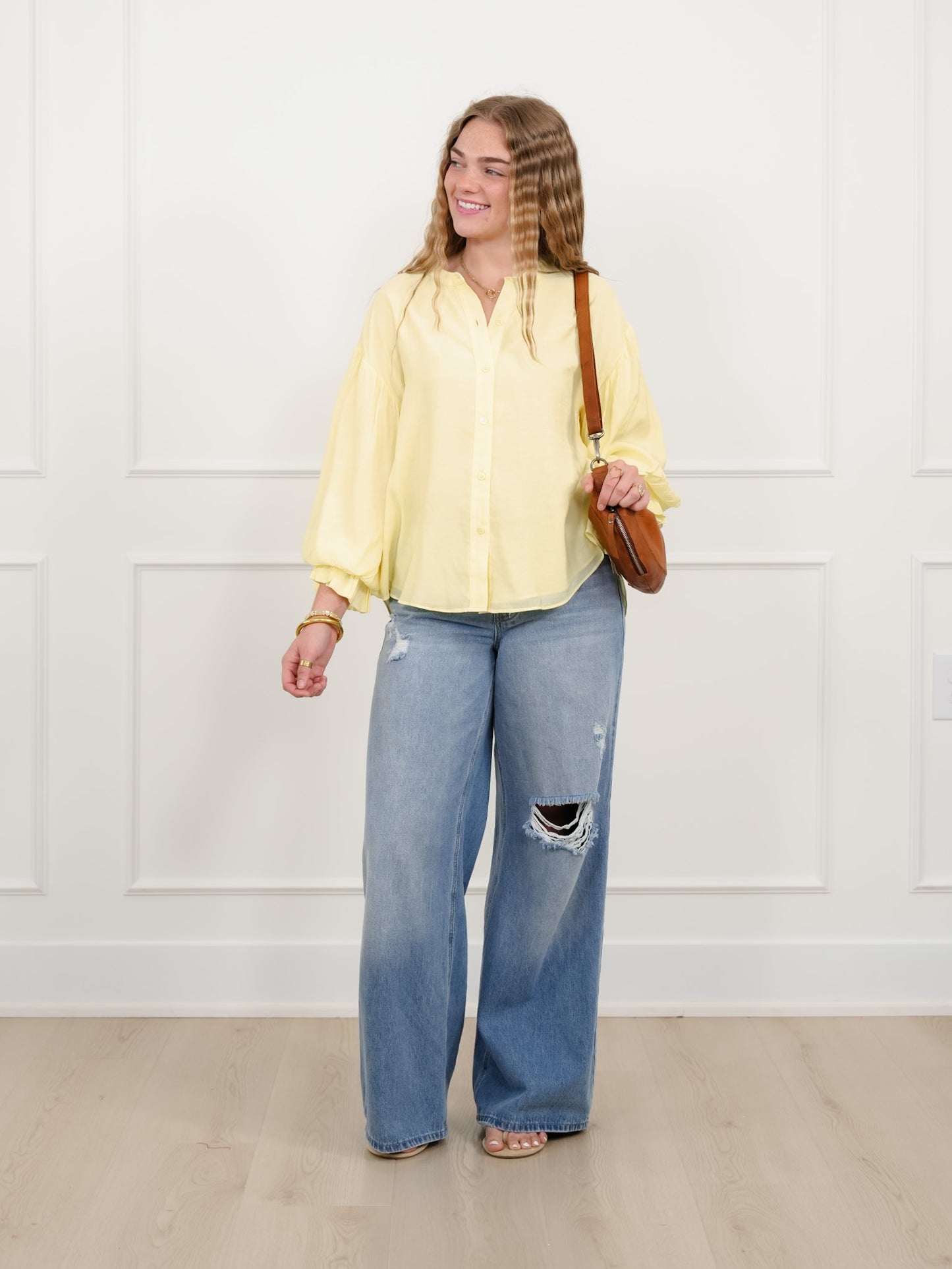 Yellow Puff Sleeve Button Down Top