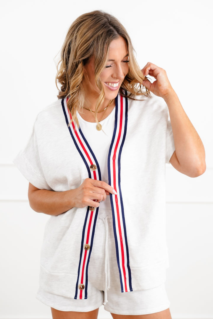Short Sleeve Button Down Top with Stripe Trim Detail