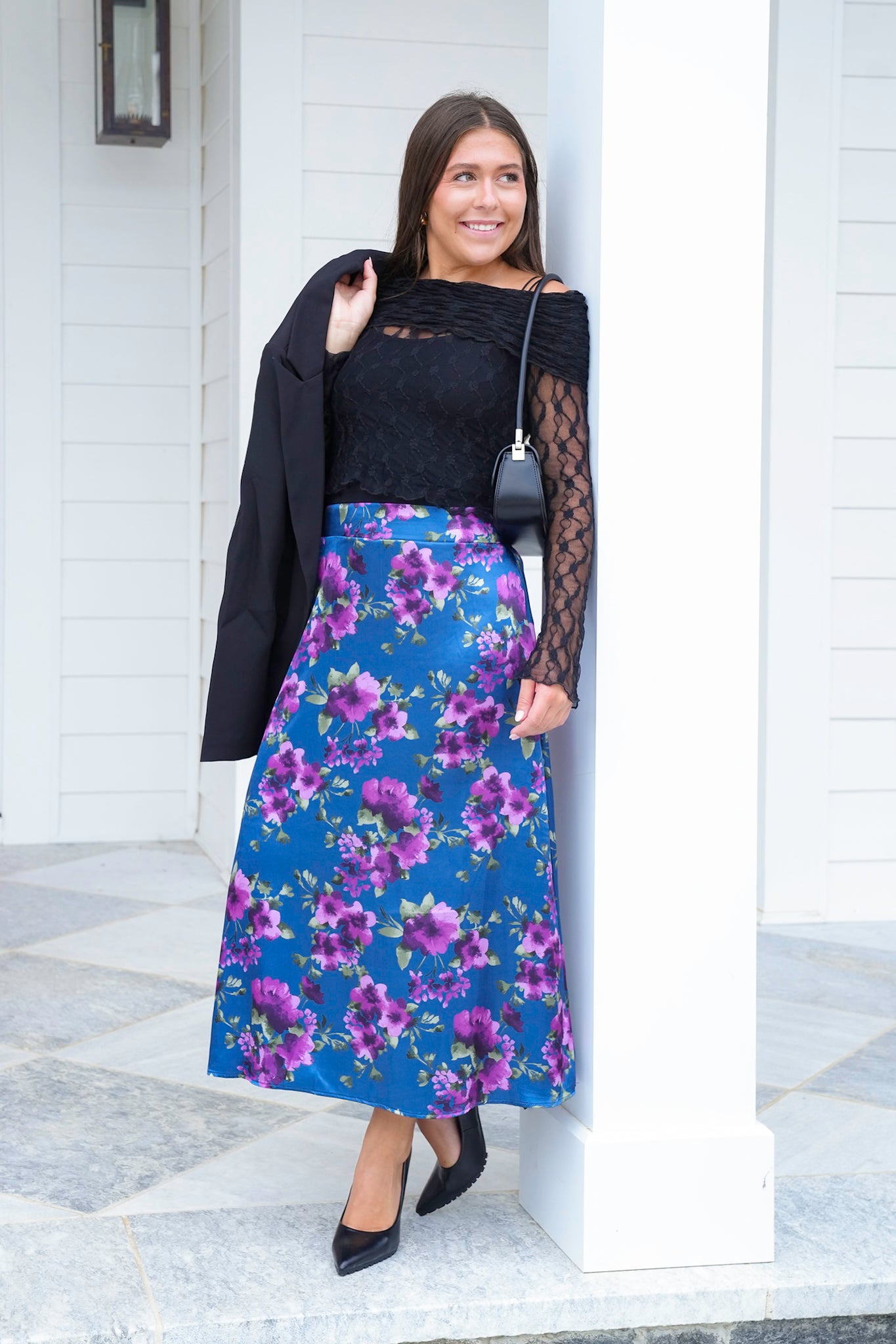 Plus/Reg Floral Satin Elastic Waist Midi Skirt