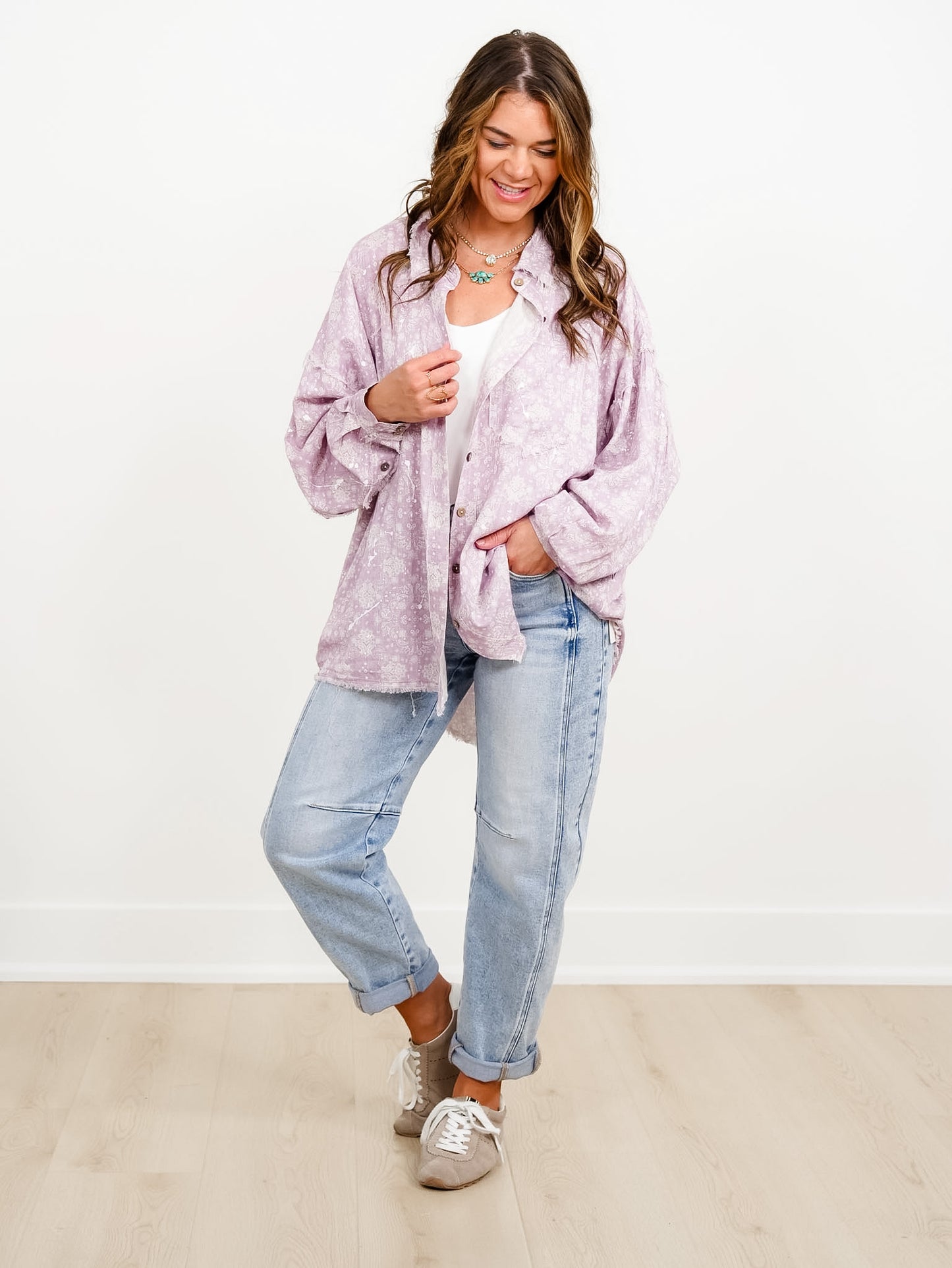 Lavender Paisley Print Long Sleeve Button Down Top