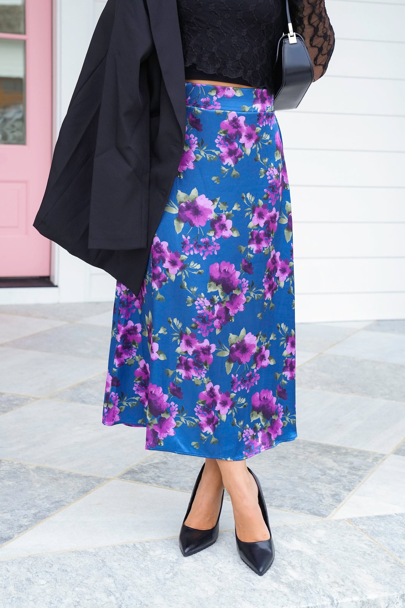 Plus/Reg Floral Satin Elastic Waist Midi Skirt