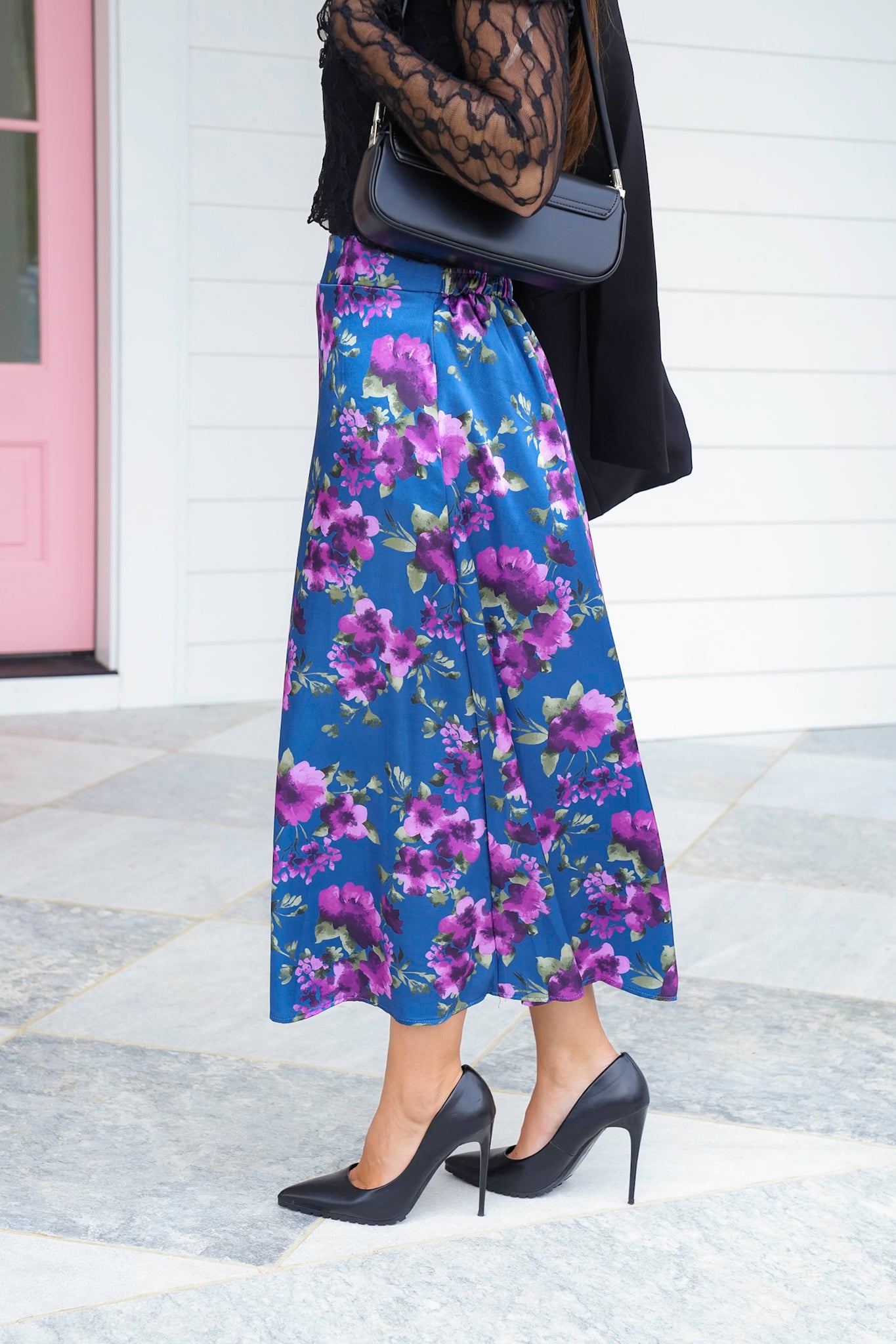 Plus/Reg Floral Satin Elastic Waist Midi Skirt