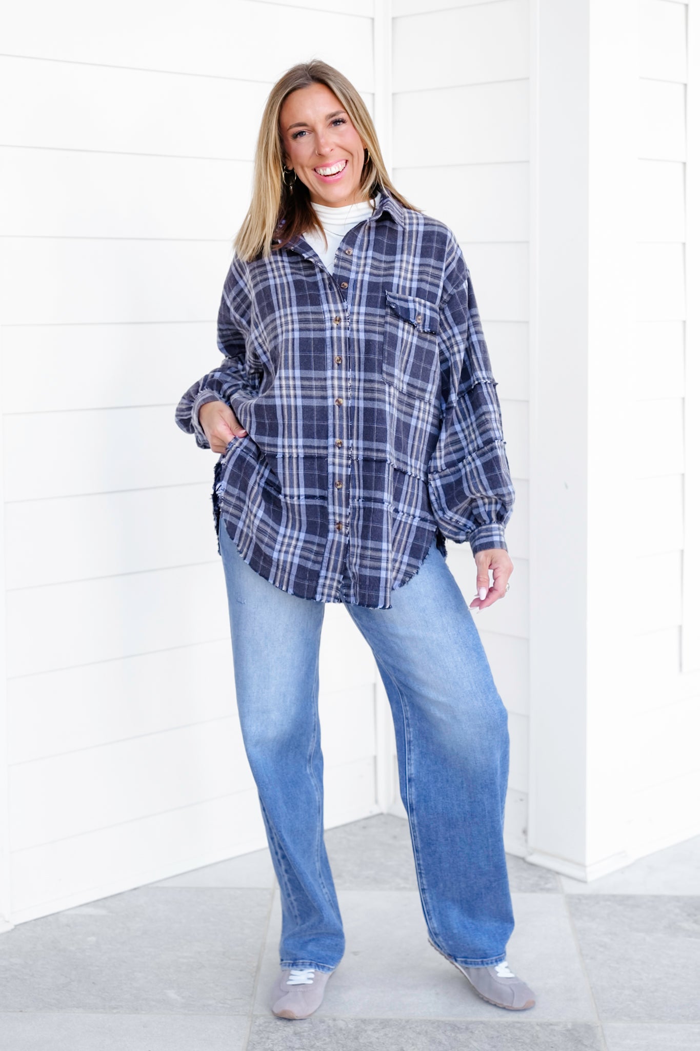 Plus/Reg Plaid Long Sleeve Button Down Top