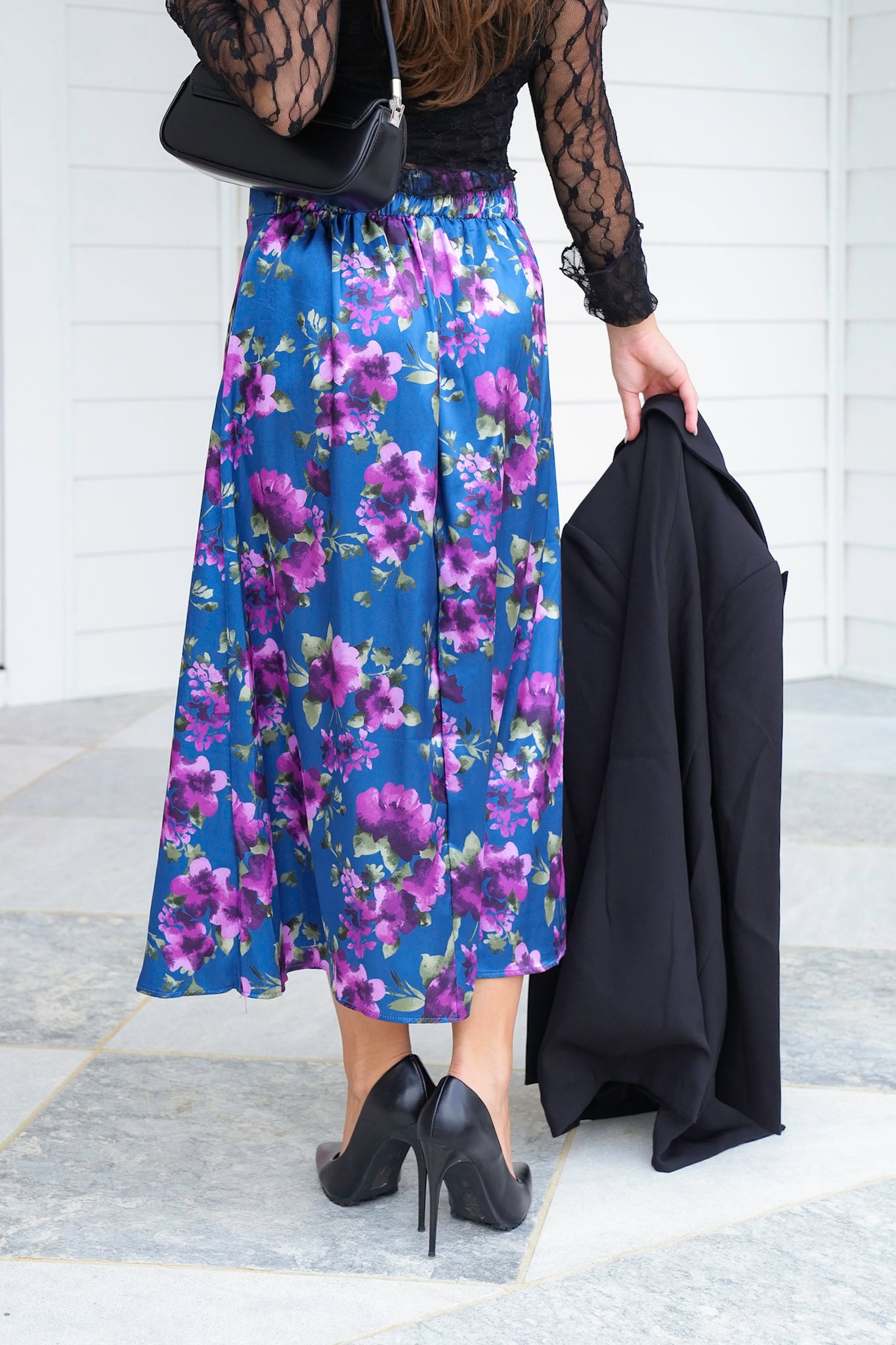 Plus/Reg Floral Satin Elastic Waist Midi Skirt