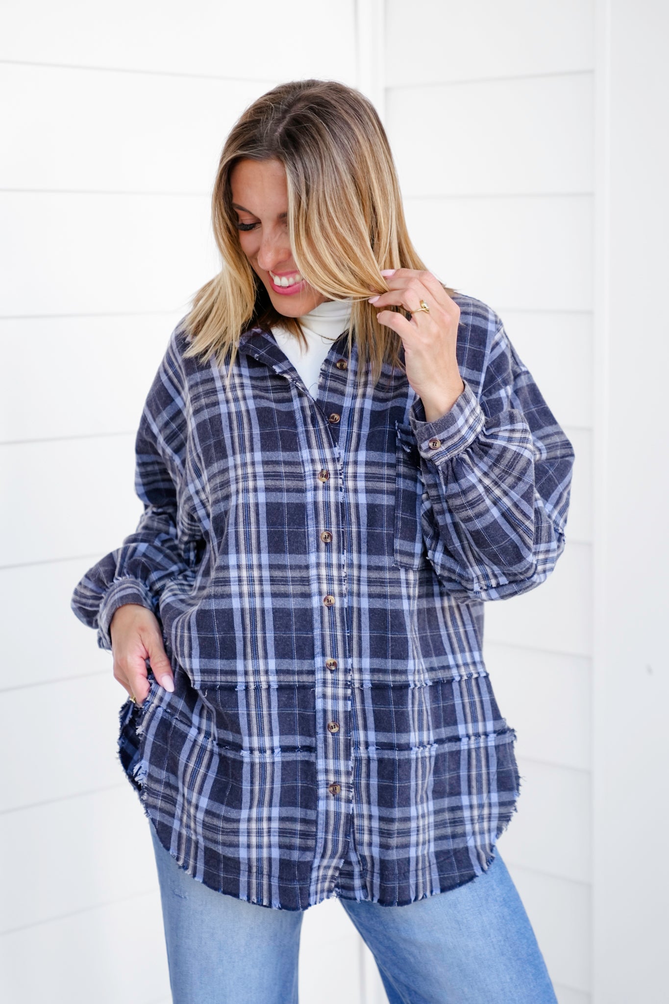 Plus/Reg Plaid Long Sleeve Button Down Top