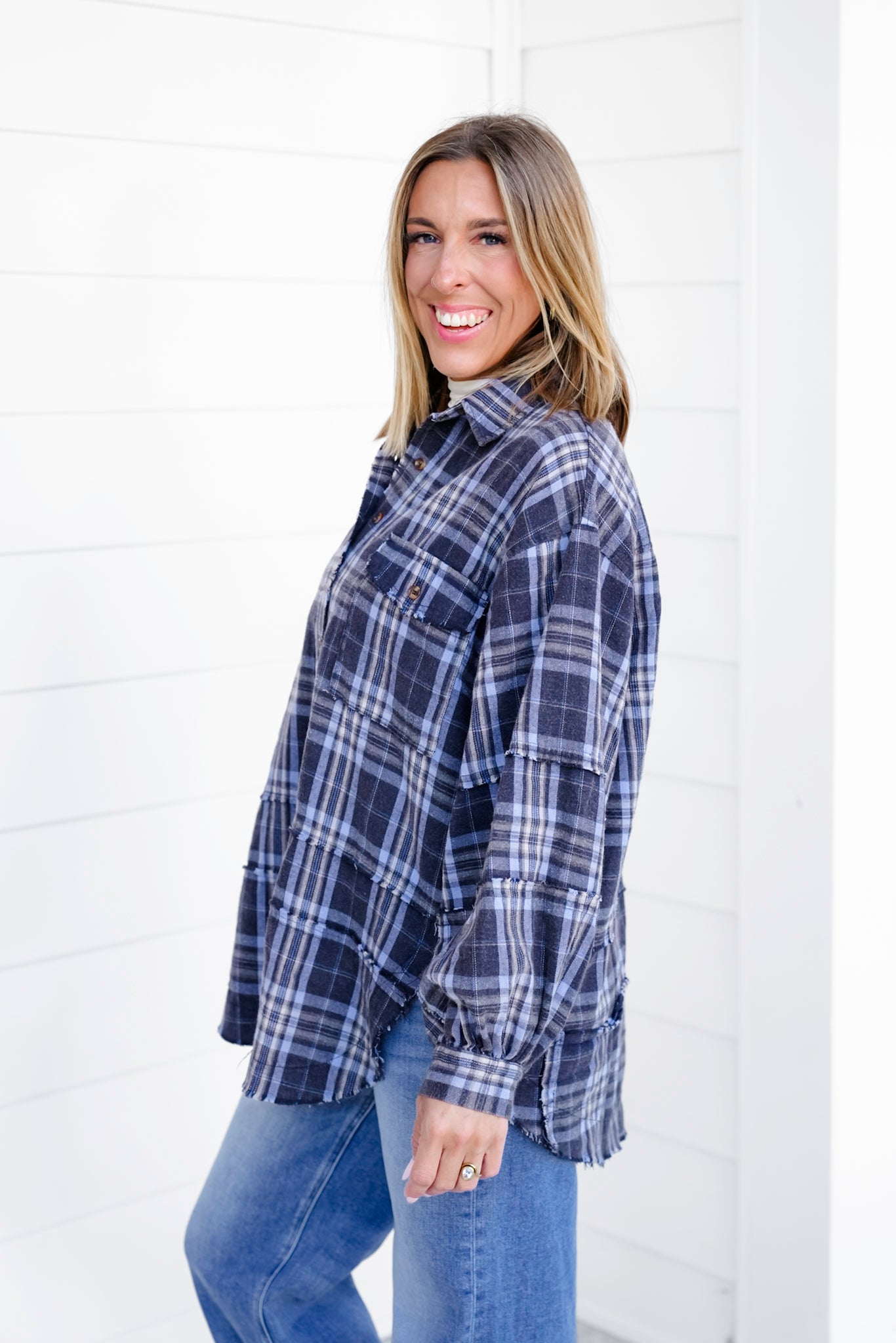 Plus/Reg Plaid Long Sleeve Button Down Top