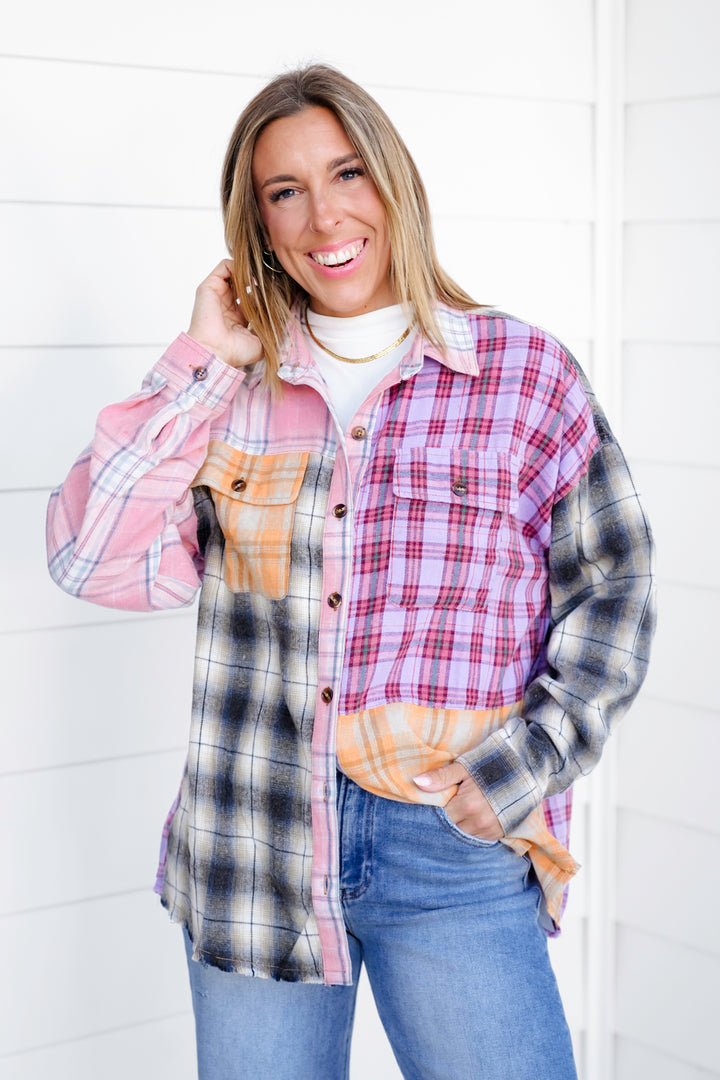 Patchwork Plaid Long Sleeve Button Down Top