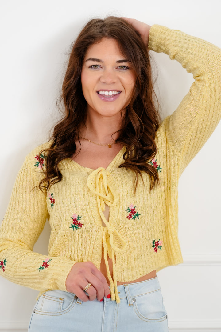 Restock! Ribbed Long Sleeve Front Tie Sweater with Floral Detail