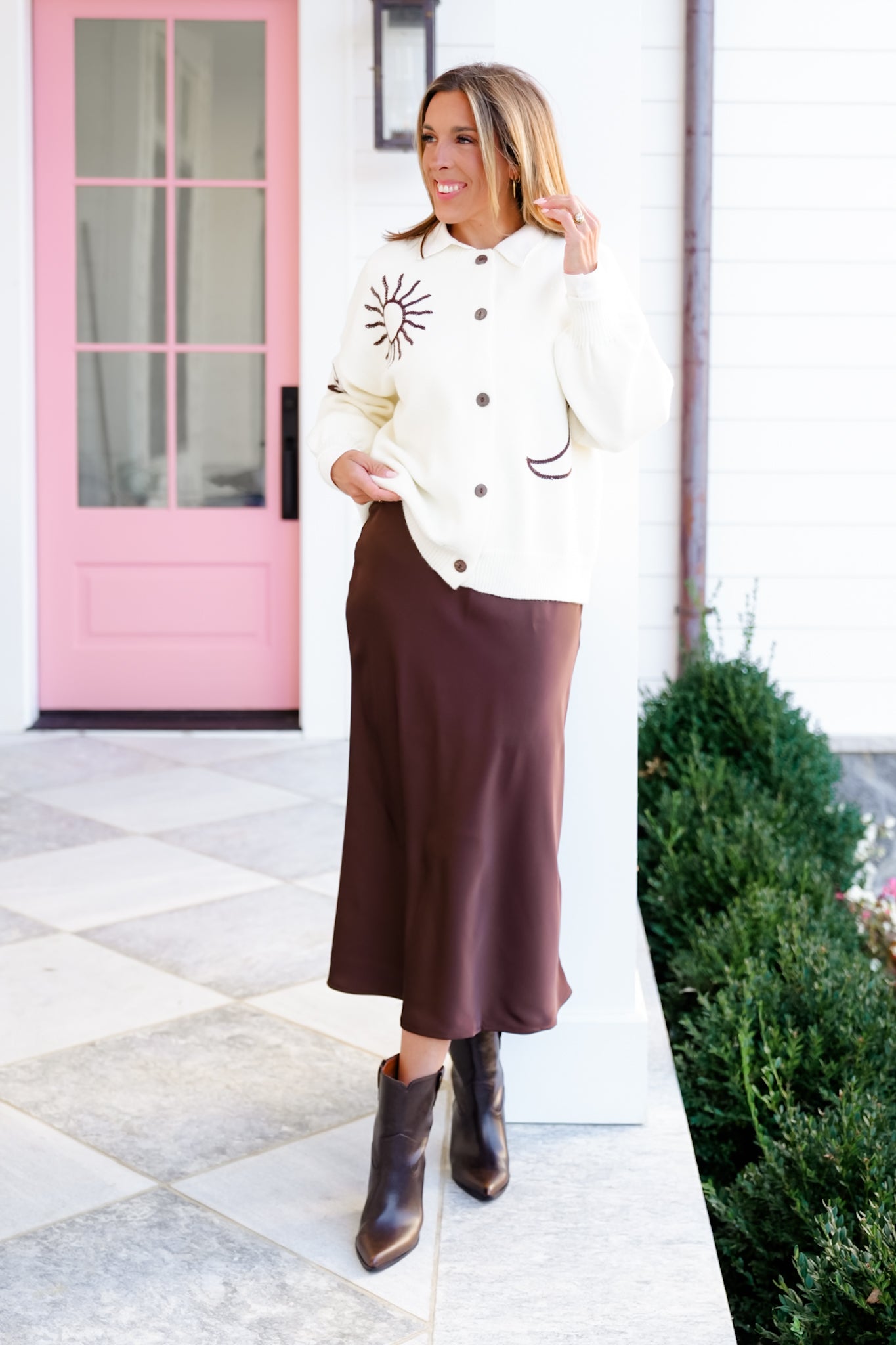 Brown Satin Midi Skirt with Side Zipper Detail