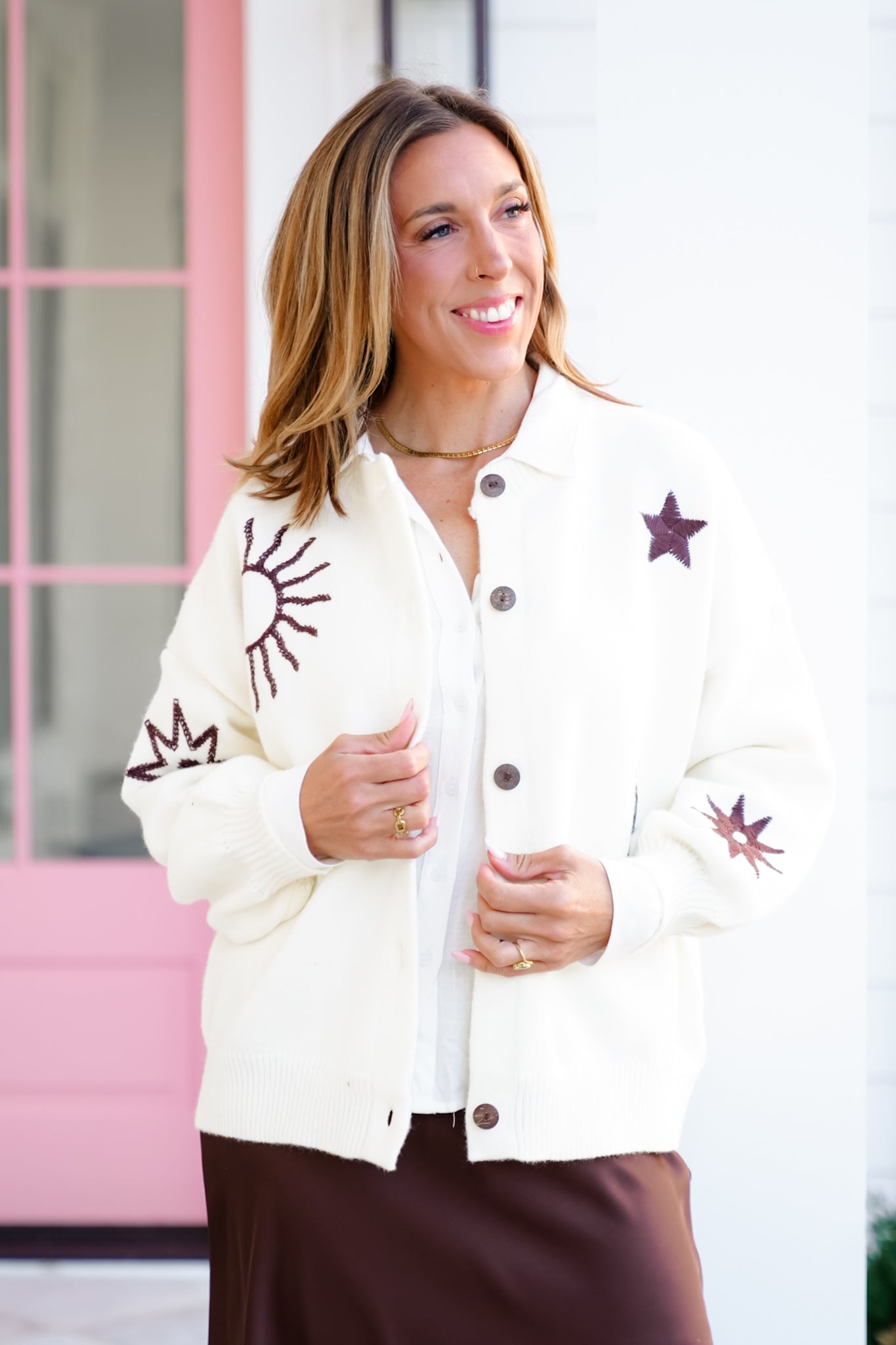 Embroidered Sun, Moon & Stars Long Sleeve Button Down Cardigan