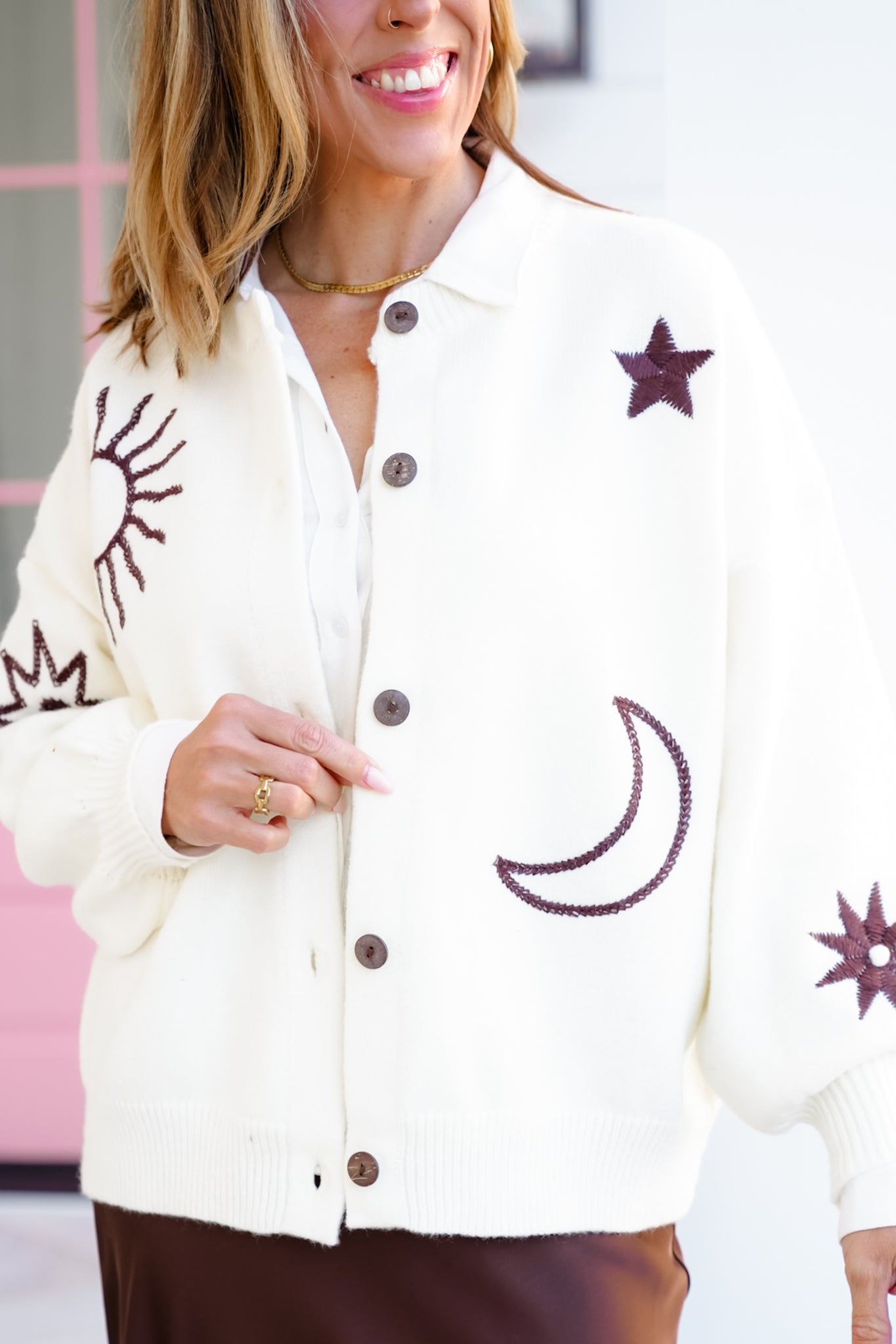 Embroidered Sun, Moon & Stars Long Sleeve Button Down Cardigan