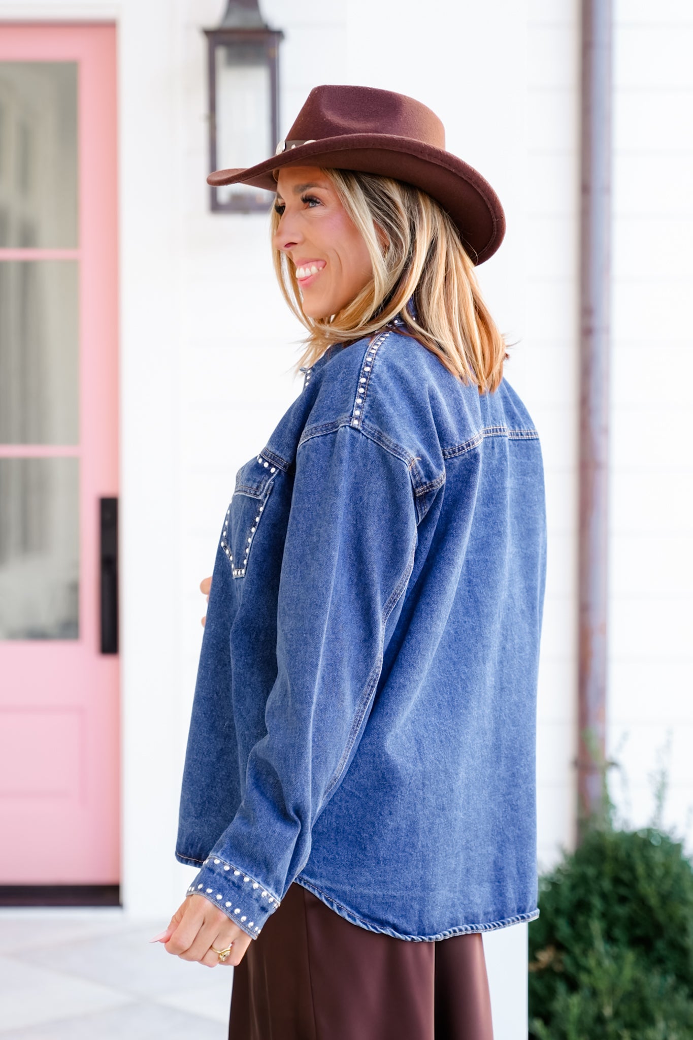 Dark Wash Long Sleeve Button Down Studded Shacket