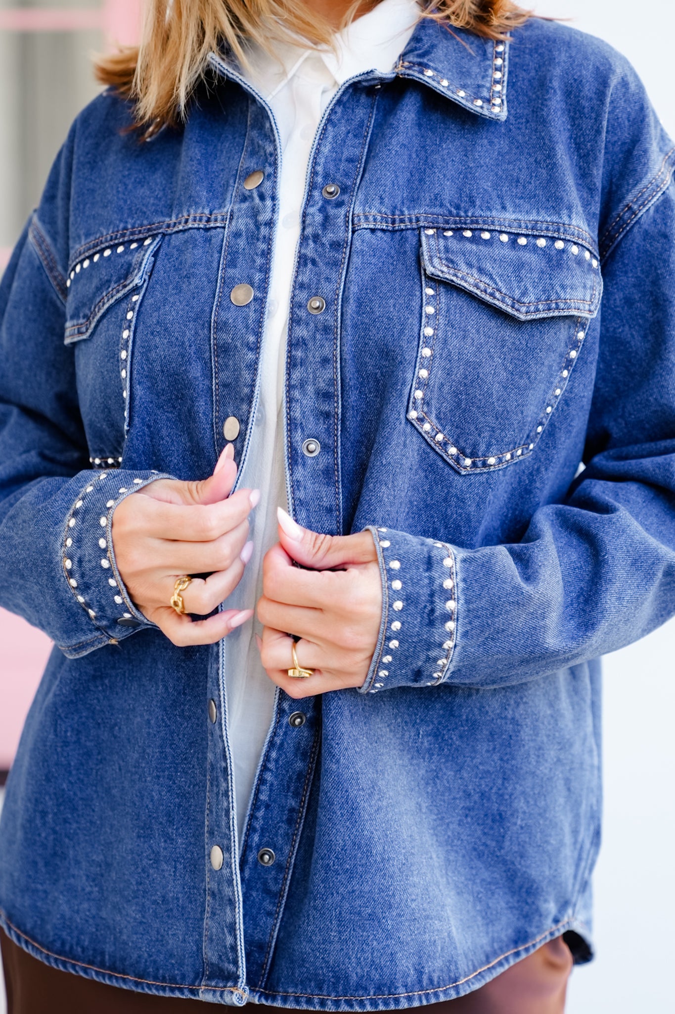 Dark Wash Long Sleeve Button Down Studded Shacket