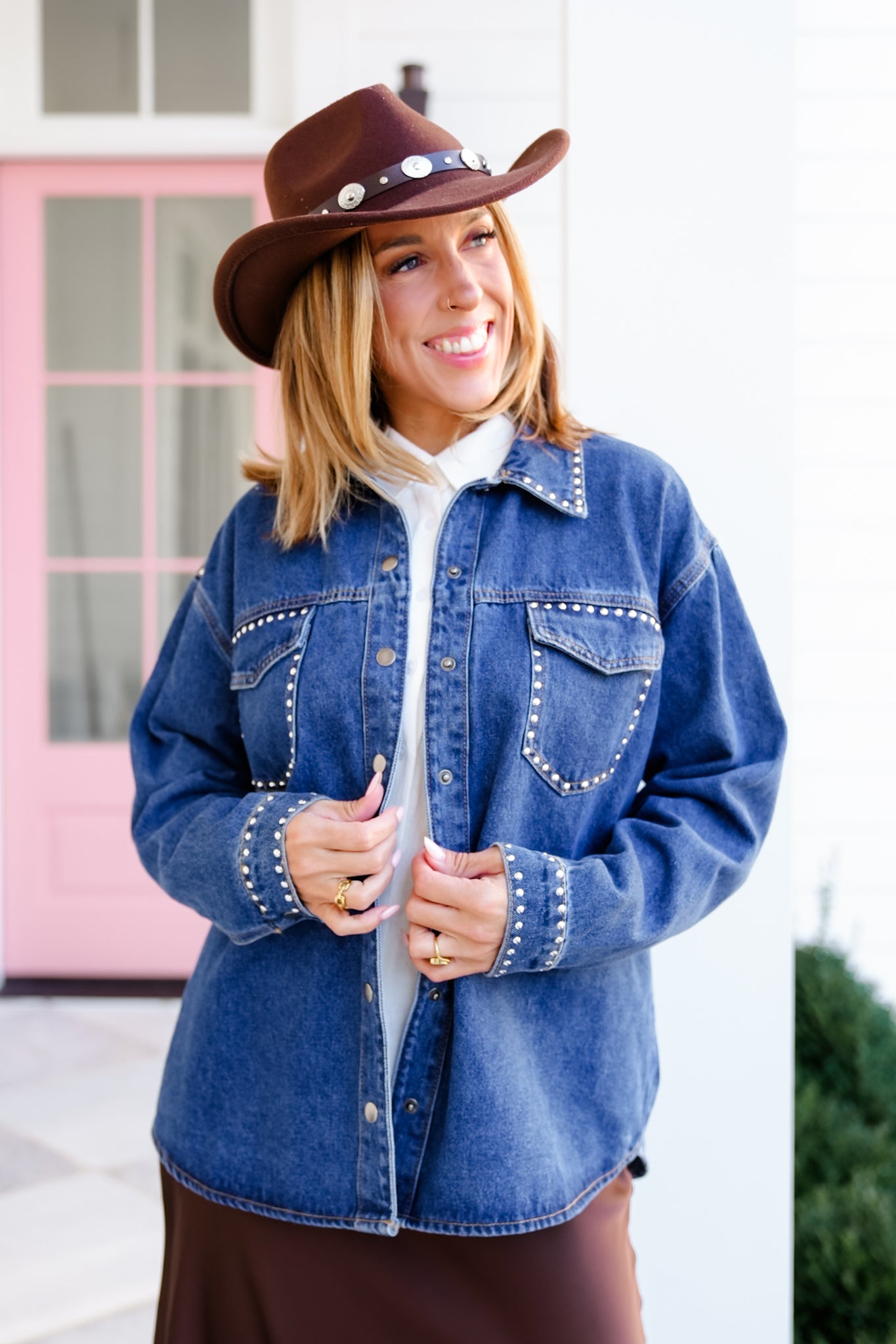 Dark Wash Long Sleeve Button Down Studded Shacket