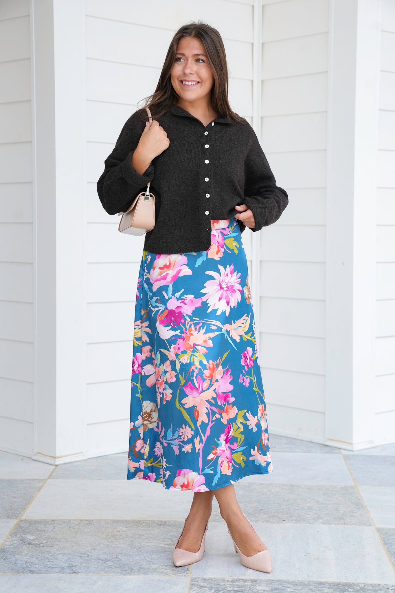 Plus/Reg Floral Satin Elastic Waist Midi Skirt